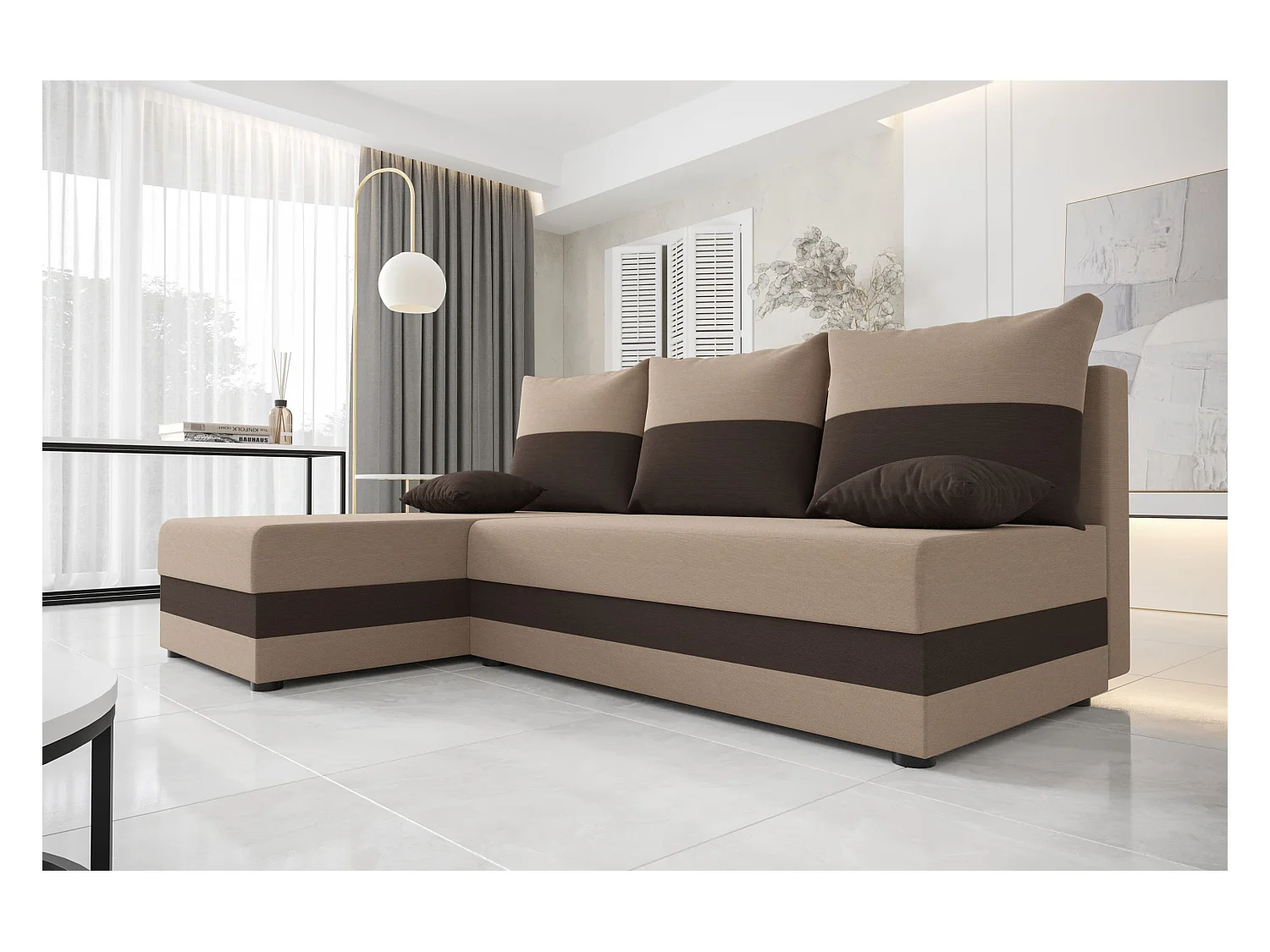 BEDANTE canapé d'angle HEWLET L Rainbow 05+41 gauche marron avec fonction de couchage canapé en forme de L