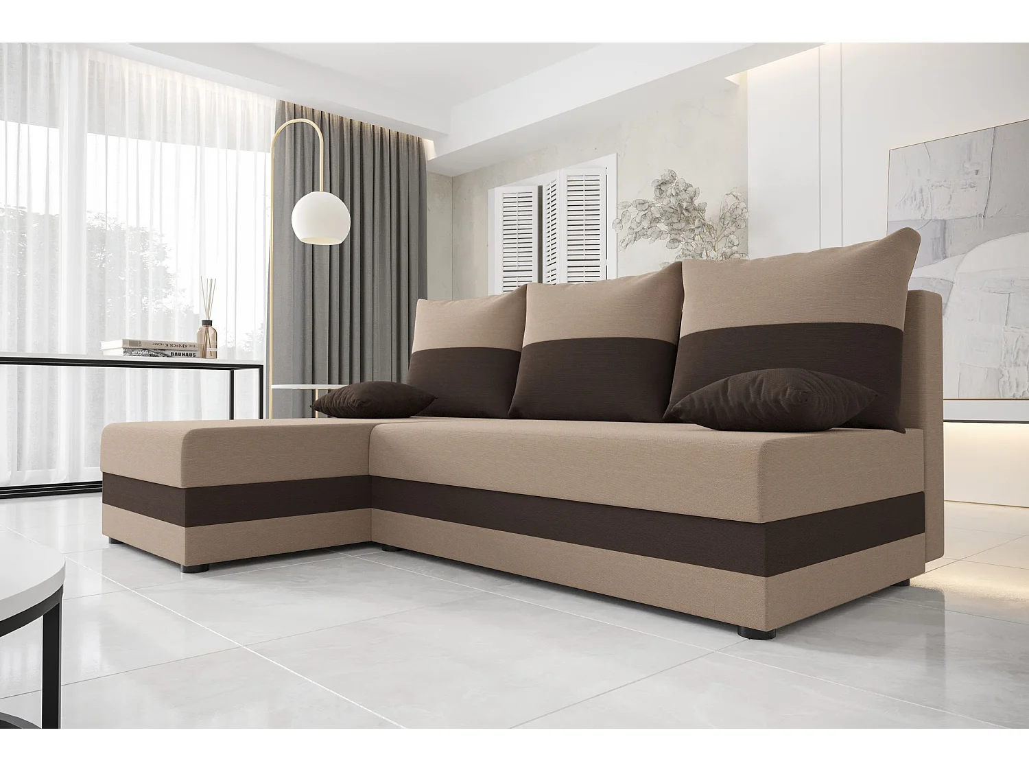 BEDANTE canapé d'angle HEWLET L Rainbow 05+41 gauche marron avec fonction de couchage canapé en forme de L