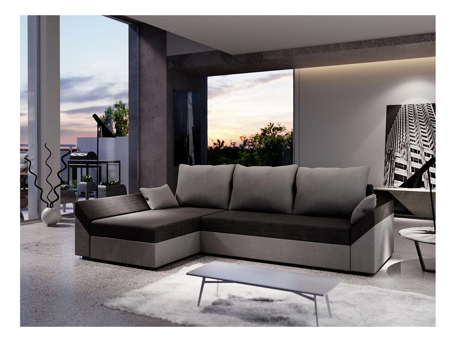 BEDANTE Canapé d’angle DANTE L gauche Rainbow 15 + 27 Noir/Gris Forme L, Canapé avec espace de rangement, Coffre de lit, Canapé de salon, Canapé, Canapé, Canapé-lit