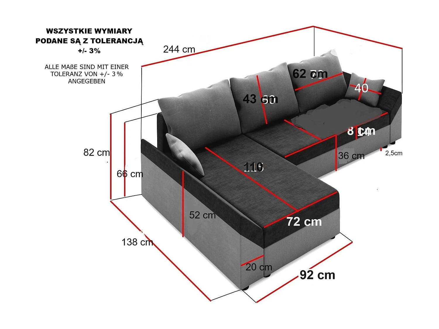 BEDANTE Canapé d’angle DANTE L gauche Rainbow 15 + 27 Noir/Gris Forme L, Canapé avec espace de rangement, Coffre de lit, Canapé de salon, Canapé, Canapé, Canapé-lit
