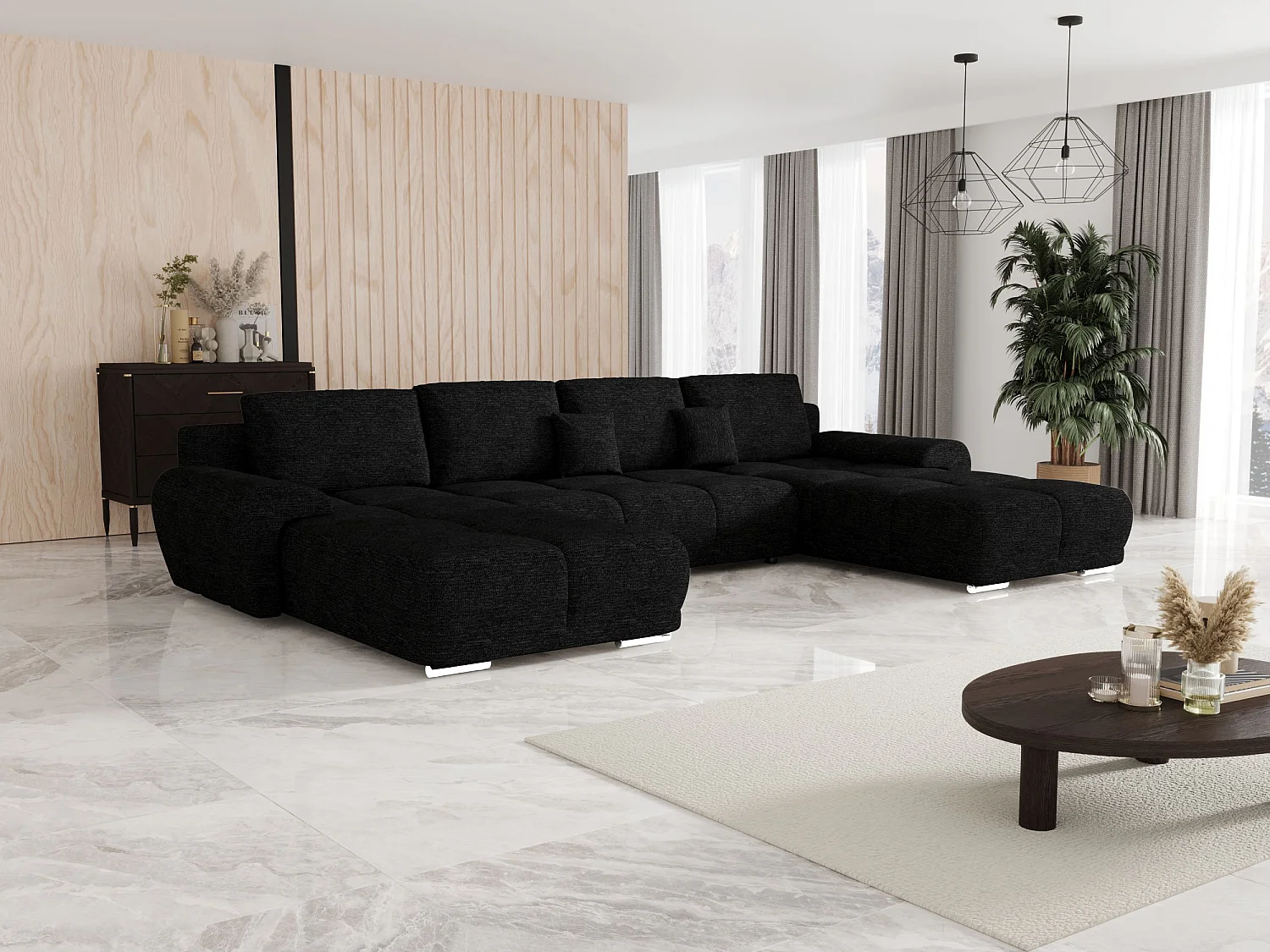 BEDANTE canapé d'angle BEGA U Links ARAGON 99 noir avec fonction de couchage canapé en forme de U avec coffre de rangement