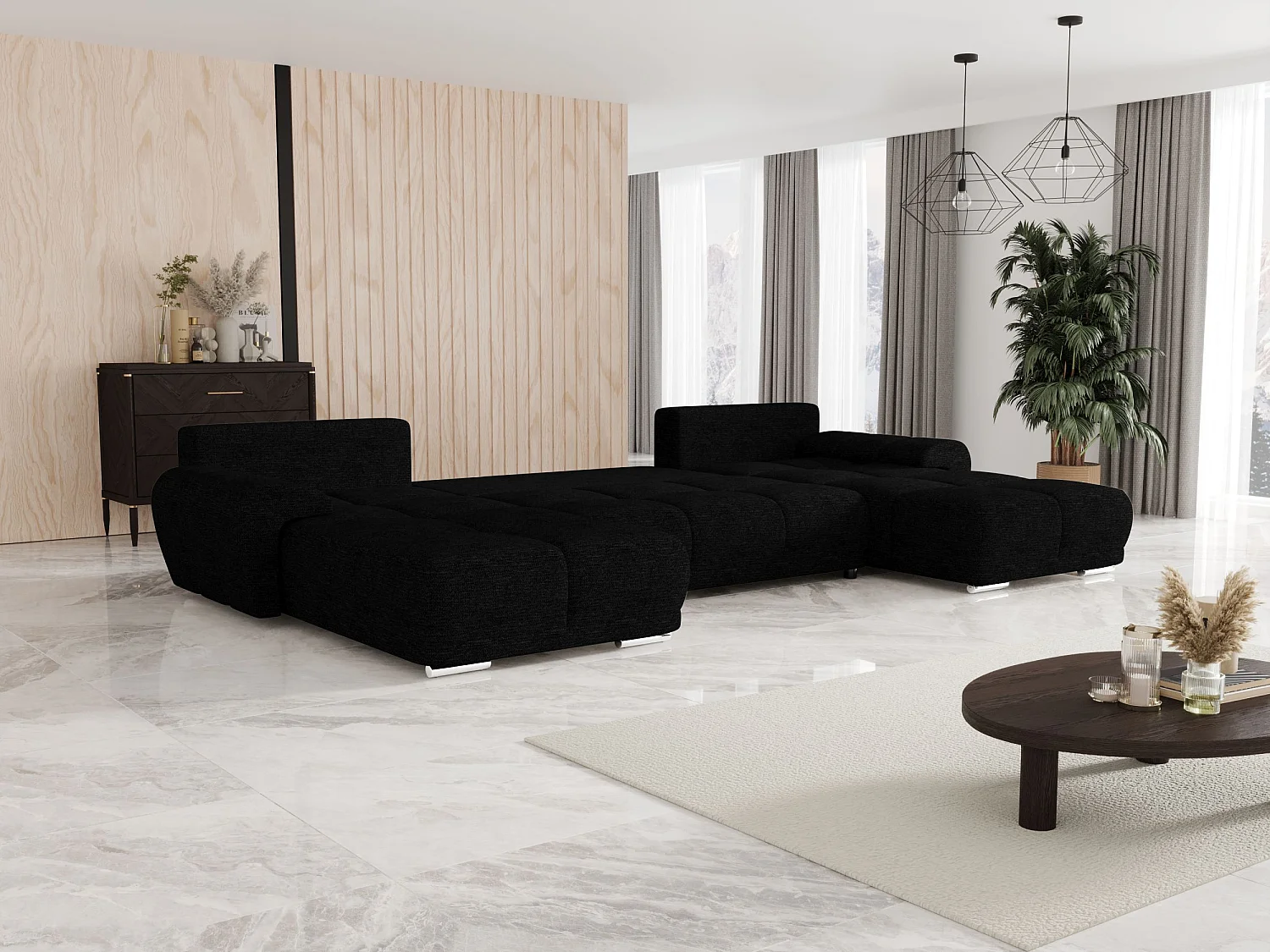 BEDANTE canapé d'angle BEGA U Links ARAGON 99 noir avec fonction de couchage canapé en forme de U avec coffre de rangement