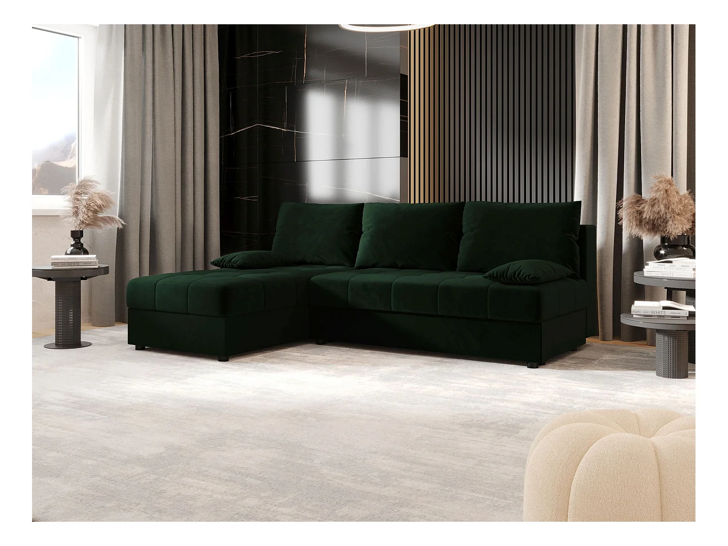 BEDANTE narożnik MOS L Itaka 10 lewa ciemnozielony z funkcją spania sofa w kształcie litery L z pojemnikiem na pościel