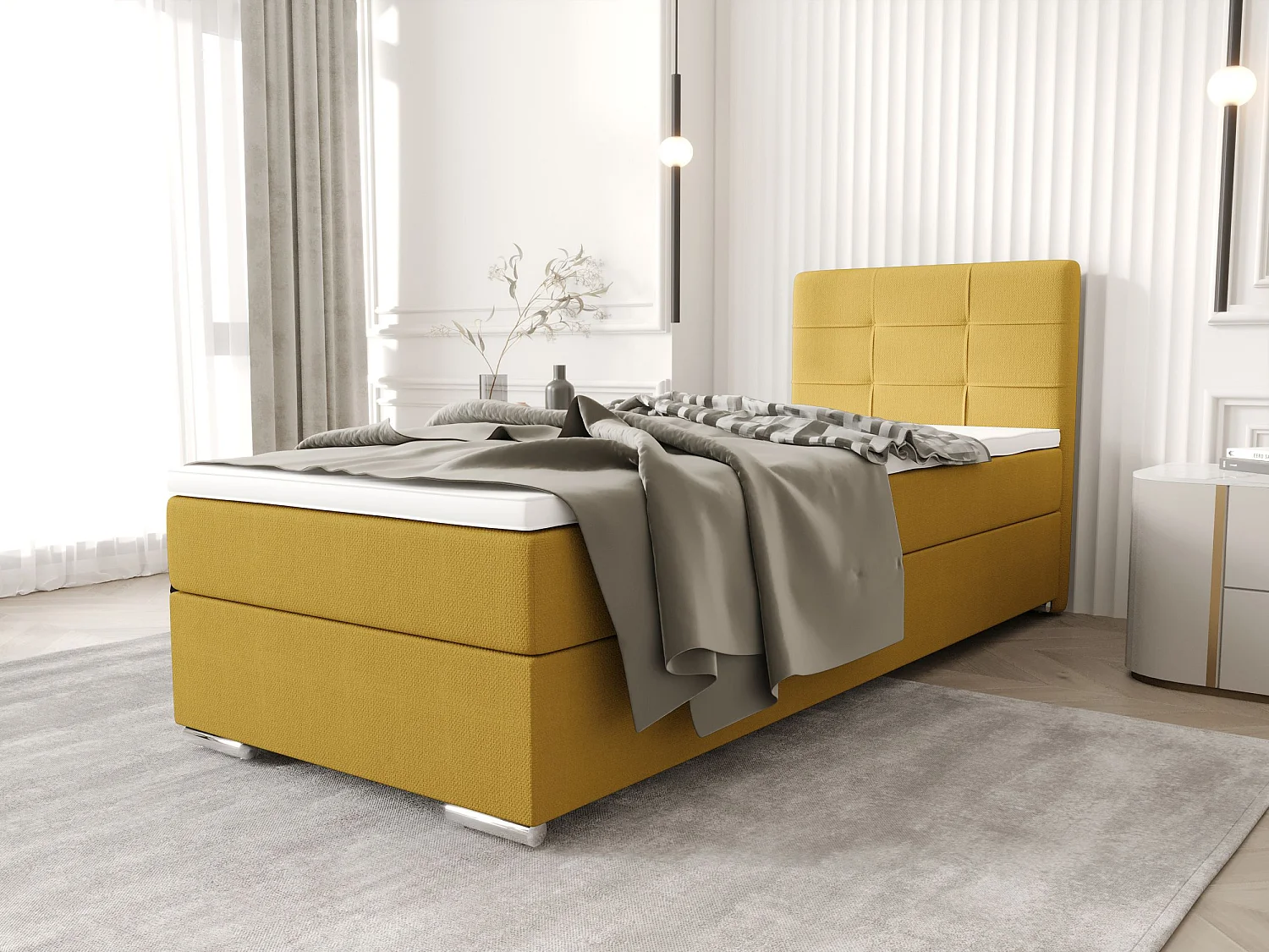 BEDANTE Boxspringbett ZAKO 1 90x200 Cosmic 120 Gelb Links Öffnung Bett Bettkasten Einzellbett Hotelbett Topper Matratze Schlafzimmer Stauraum