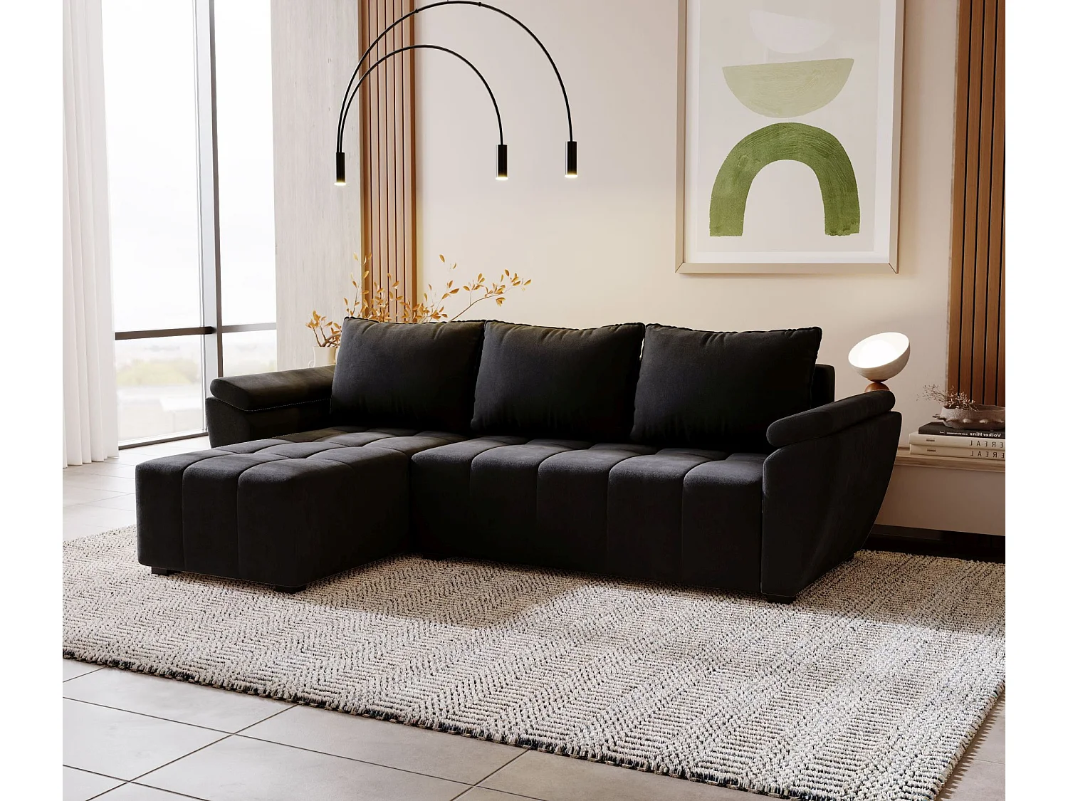 BEDANTE canapé d’angle ZEUS L Monolith 97 gauche noir avec fonction lit canapé en forme de L avec coffre de rangement canapé de salon canapé convertible