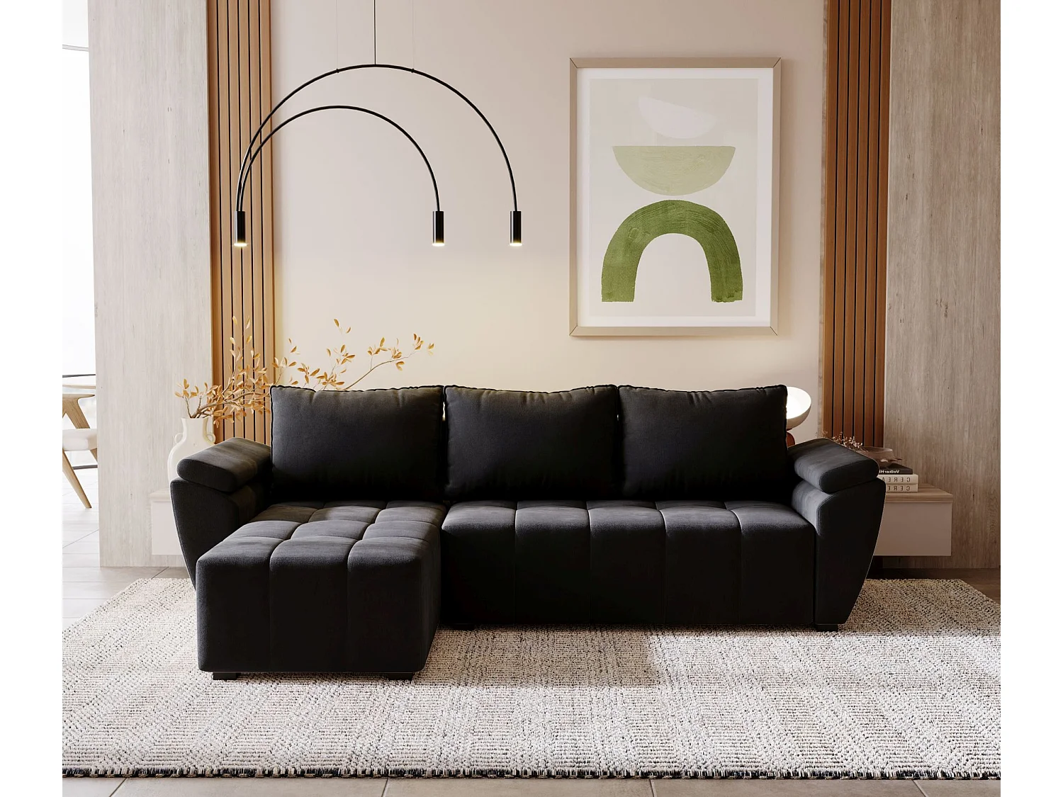 Canapé d'angle convertible 3 places avec coffre en tissu noir
