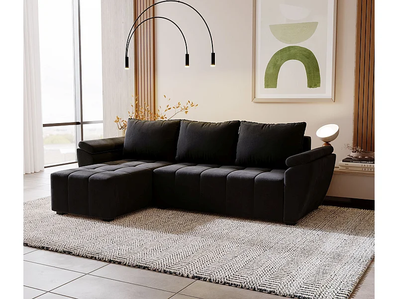 BEDANTE canapé d’angle ZEUS L Monolith 97 gauche noir avec fonction lit canapé en forme de L avec coffre de rangement canapé de salon canapé convertible