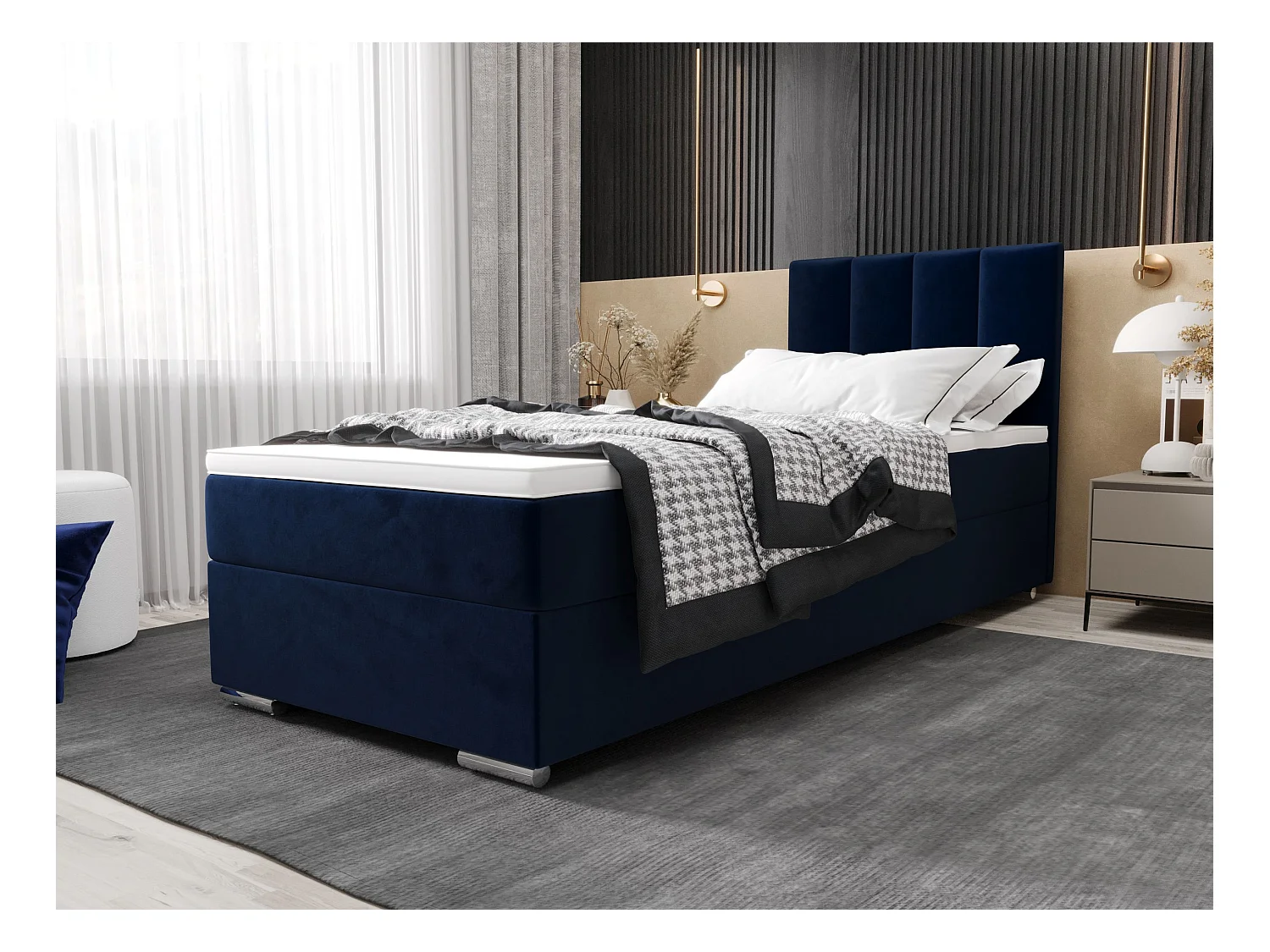 BEDANTE Lit boxspring ZAKO 2 90x200 Itaka 11 Bleu foncé Lit Ouverture à droite Lit Litkasten