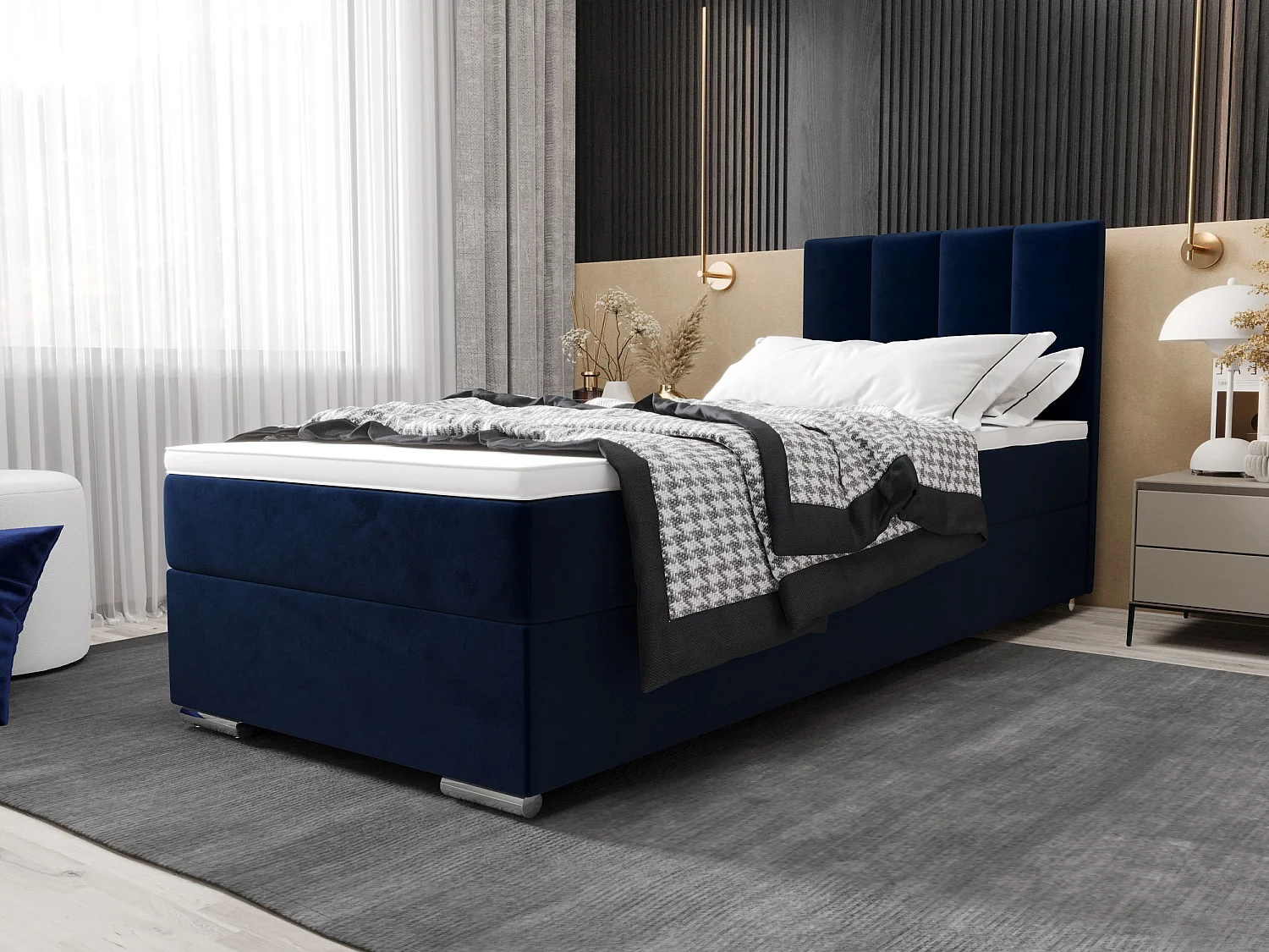 BEDANTE Boxspringbett ZAKO 2 90x200 Itaka 11 Dunkelblau Bett Rechts Öffnung Bett Bettkasten Einzellbett Hotelbett Topper Matratze Schlafzimmer Stauraum