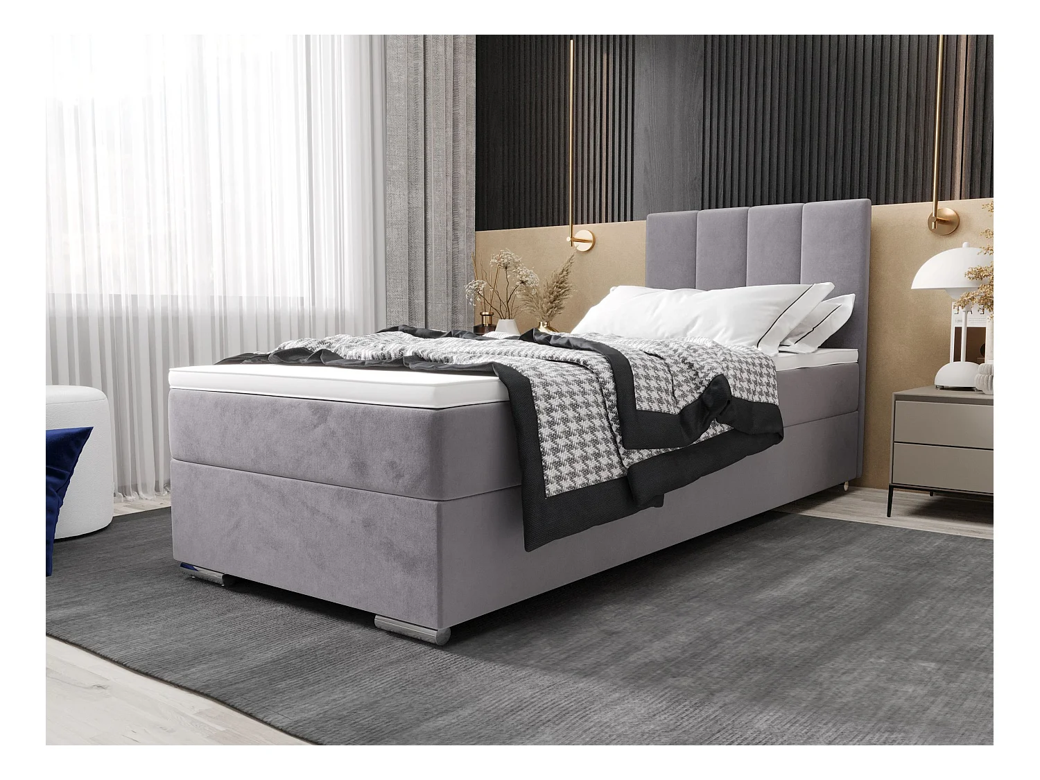 BEDANTE Lit boxspring ZAKO 2 90x200 Itaka 50 Gris clair Lit Ouverture à droite Lit Litkasten