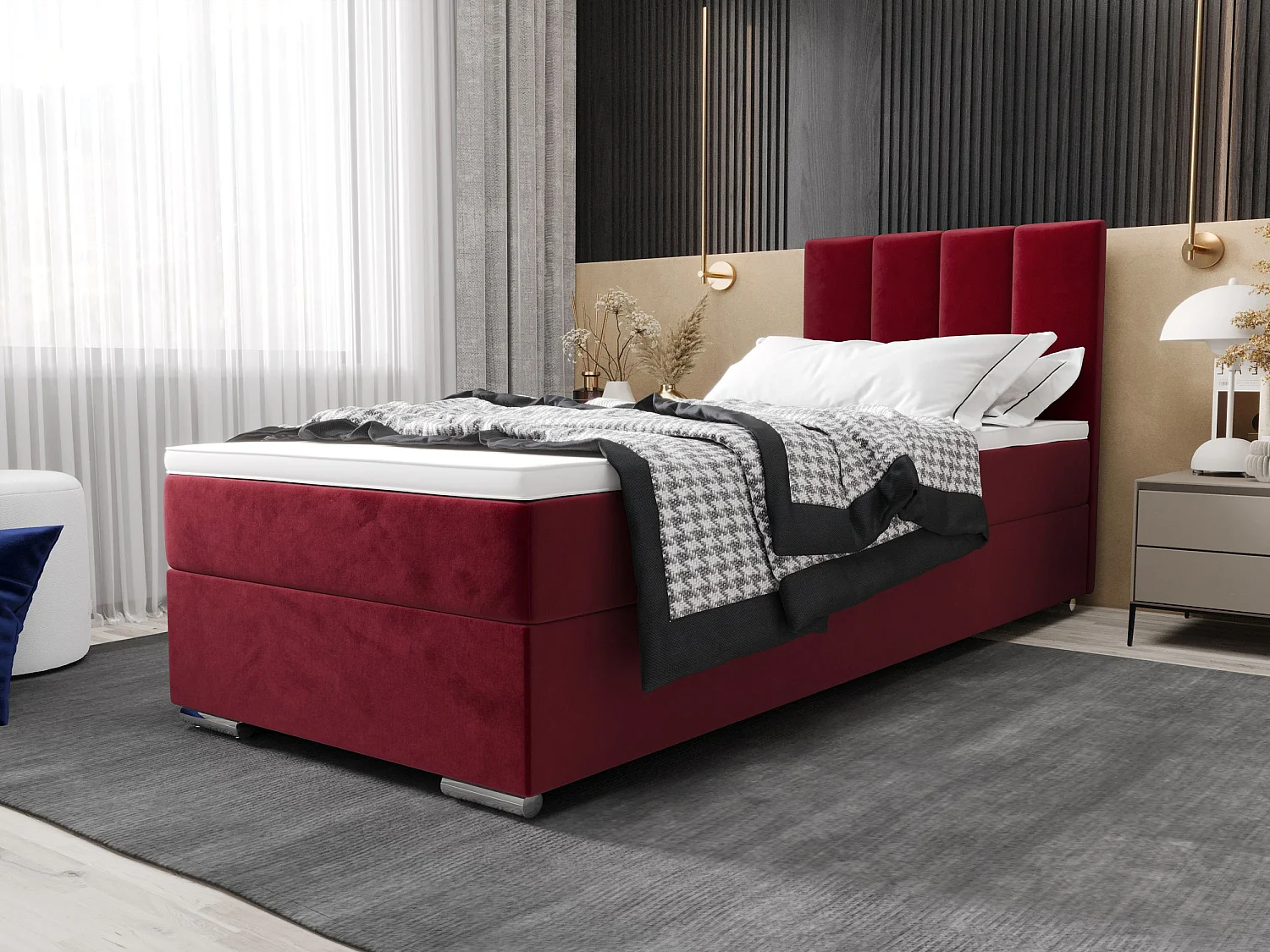 BEDANTE Boxspringbett ZAKO 2 90x200 Itaka 34 Rot Bett Rechts Öffnung Bett Bettkasten Einzellbett Hotelbett Topper Matratze Schlafzimmer Stauraum