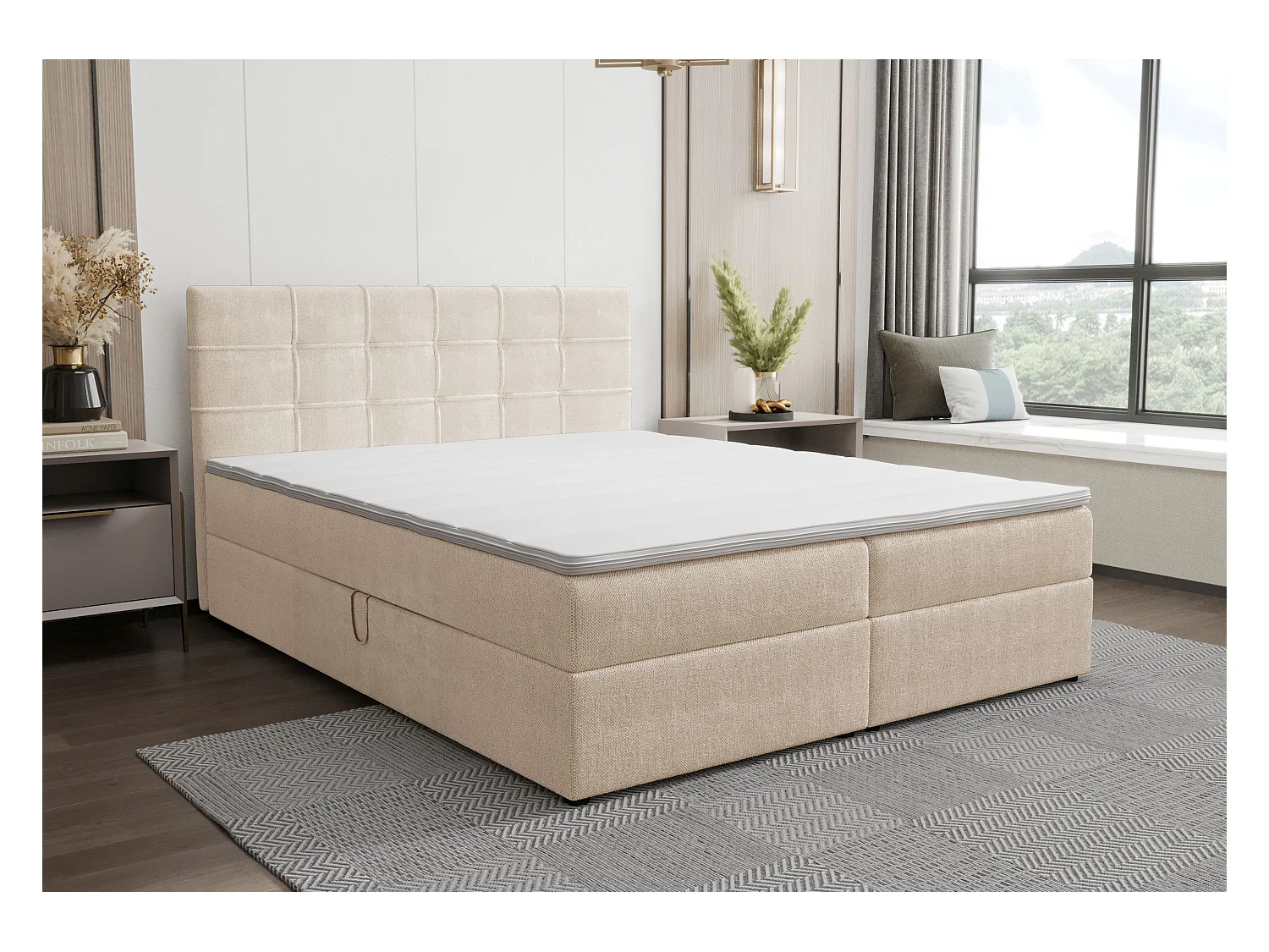 BEDANTE Lit boxspring KIDA 160x200 Curio 09 Écru Lit Litkasten Lit double Lit d'hôtel Chambre à coucher Espace de rangement