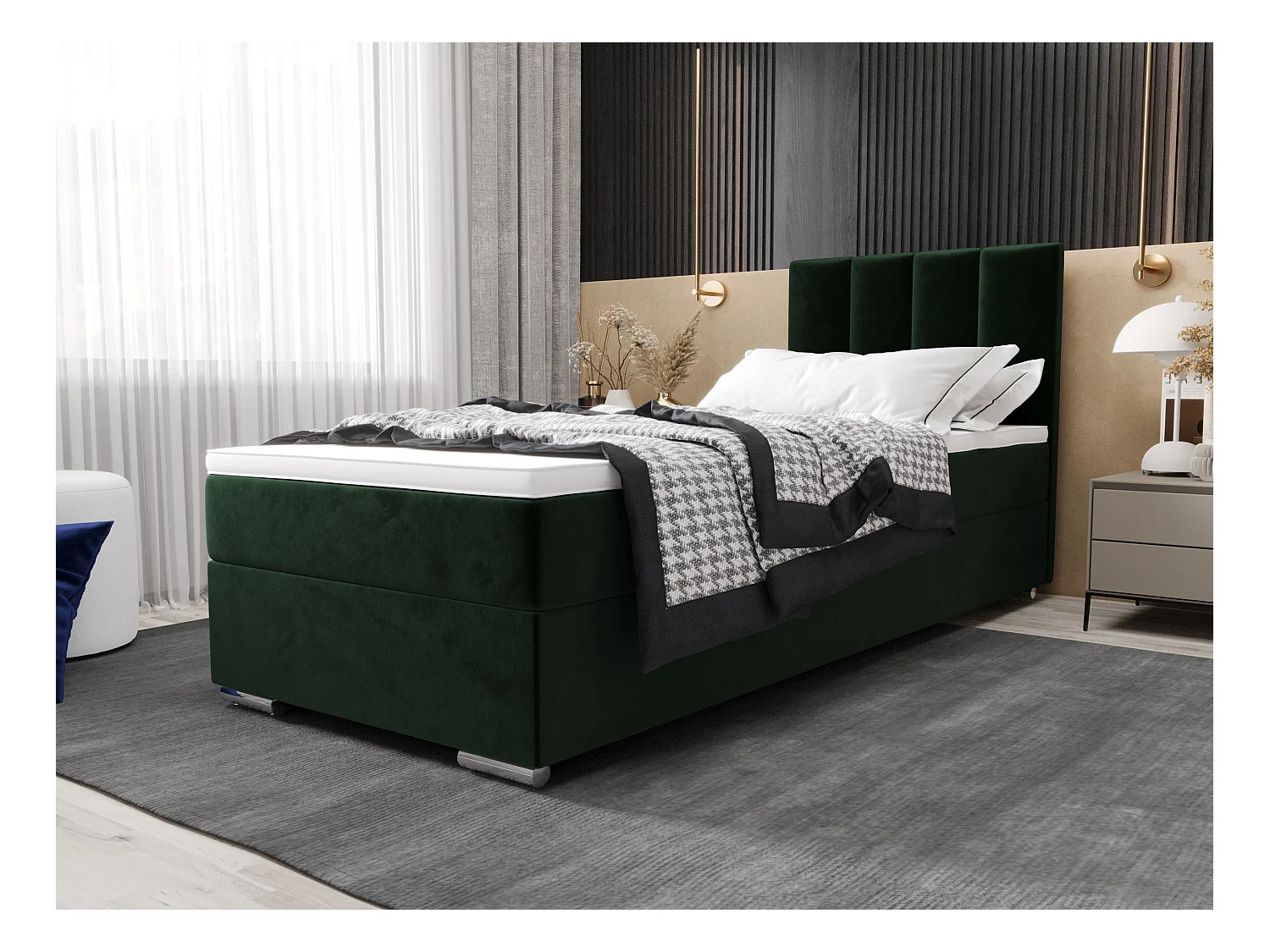 BEDANTE Lit boxspring ZAKO 2 90x200 Itaka 10 Vert foncé Lit Ouverture à droite Lit Litkasten