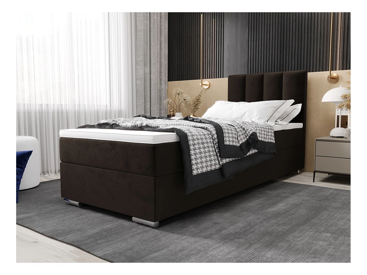 BEDANTE Lit boxspring ZAKO 2 90x200 Itaka 41 Brun foncé Lit Ouverture à droite Lit Litkasten