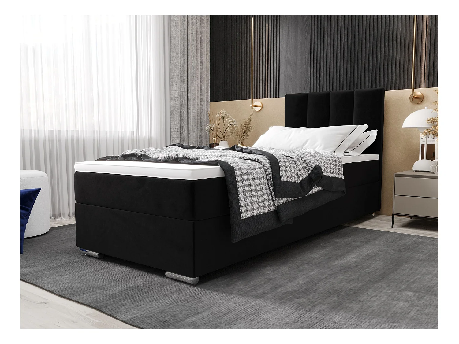 BEDANTE Boxspringbett ZAKO 2 90x200 Itaka 15 Schwarz Bett Rechts Öffnung Bett Bettkasten Einzellbett Hotelbett Topper Matratze Schlafzimmer Stauraum