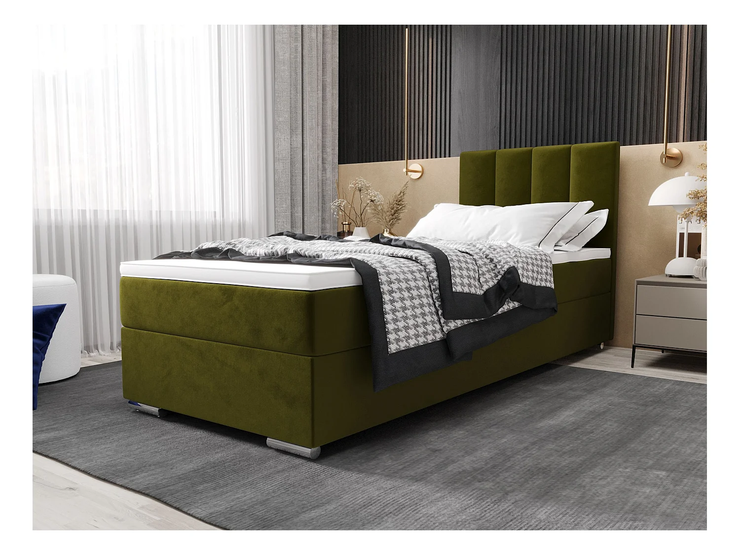 BEDANTE Boxspringbed ZILANO2 80x200 Itaka 65 Groen Bed Rechts opening Bed Bedkasten Eenpersoonsbed Hotelbed Topper Matras Slaapkamer opbergruimte