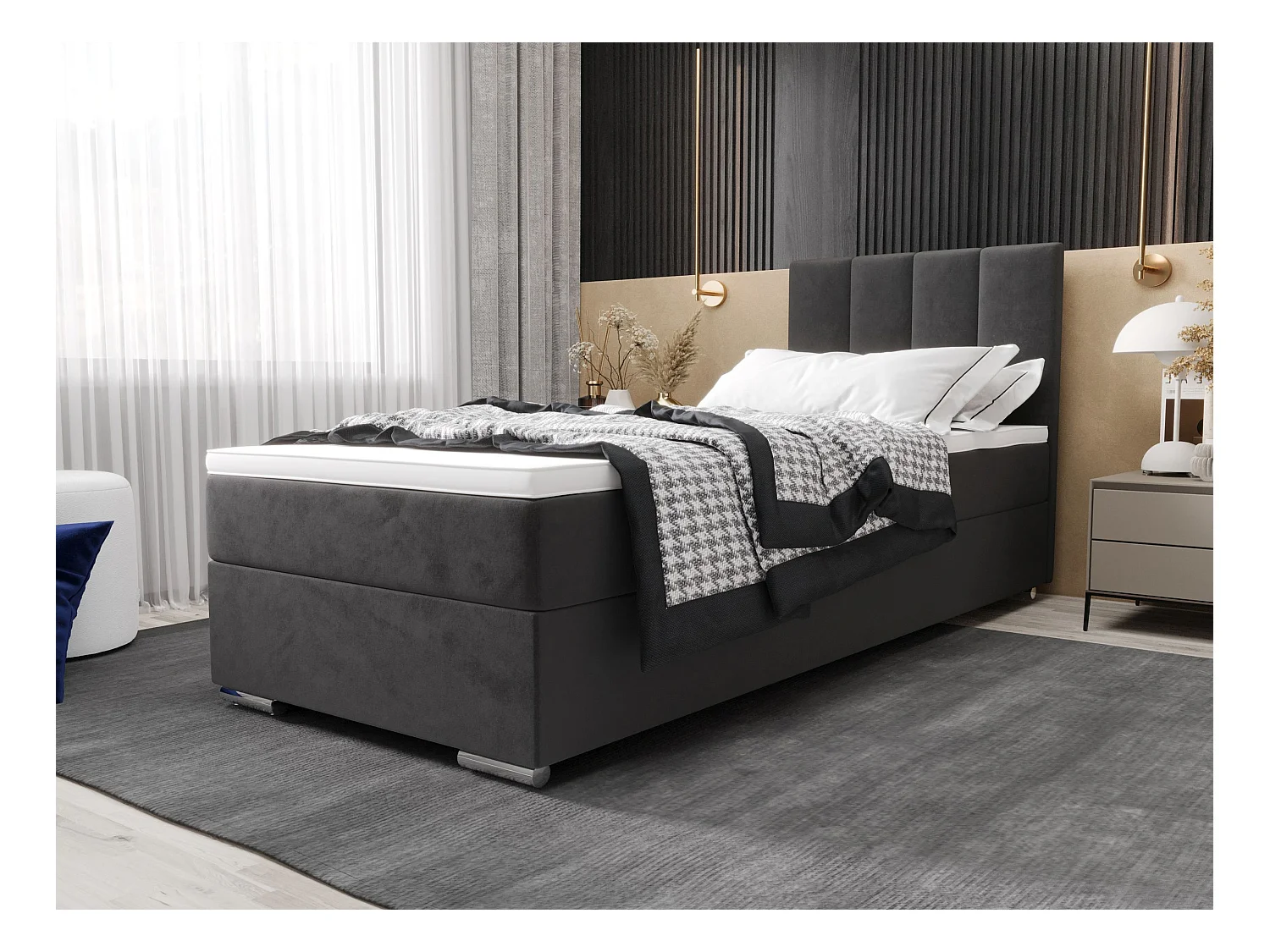 BEDANTE Boxspringbett ZAKO 2 90x200 Itaka 14 Grau Bett Rechts Öffnung Bett Bettkasten Einzellbett Hotelbett Topper Matratze Schlafzimmer Stauraum