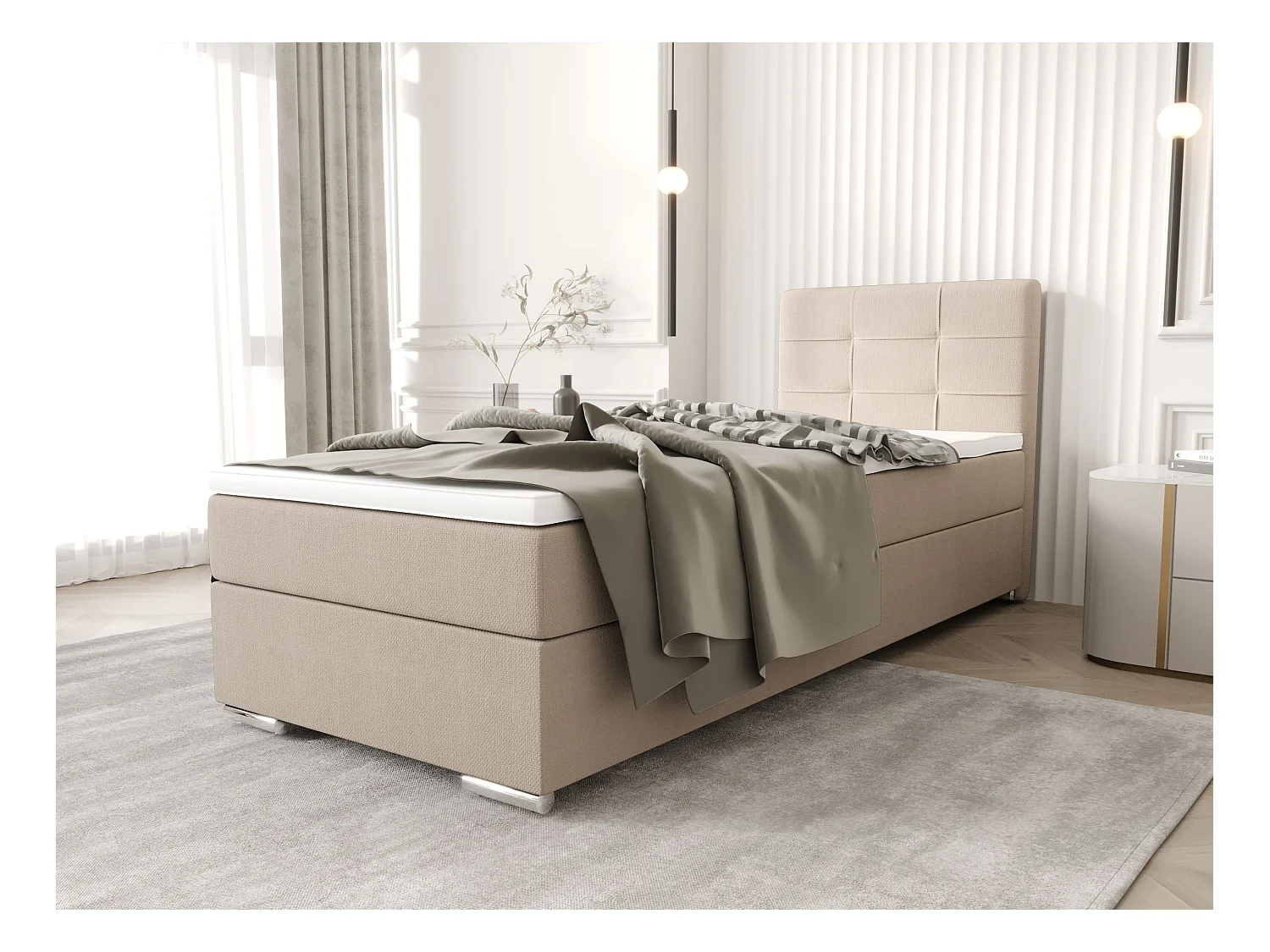 BEDANTE Boxspringbett ZILANO1 90x200 Cosmic 10 Beige Links Öffnung Bett Bettkasten Einzellbett Hotelbett Topper Matratze Schlafzimmer Stauraum