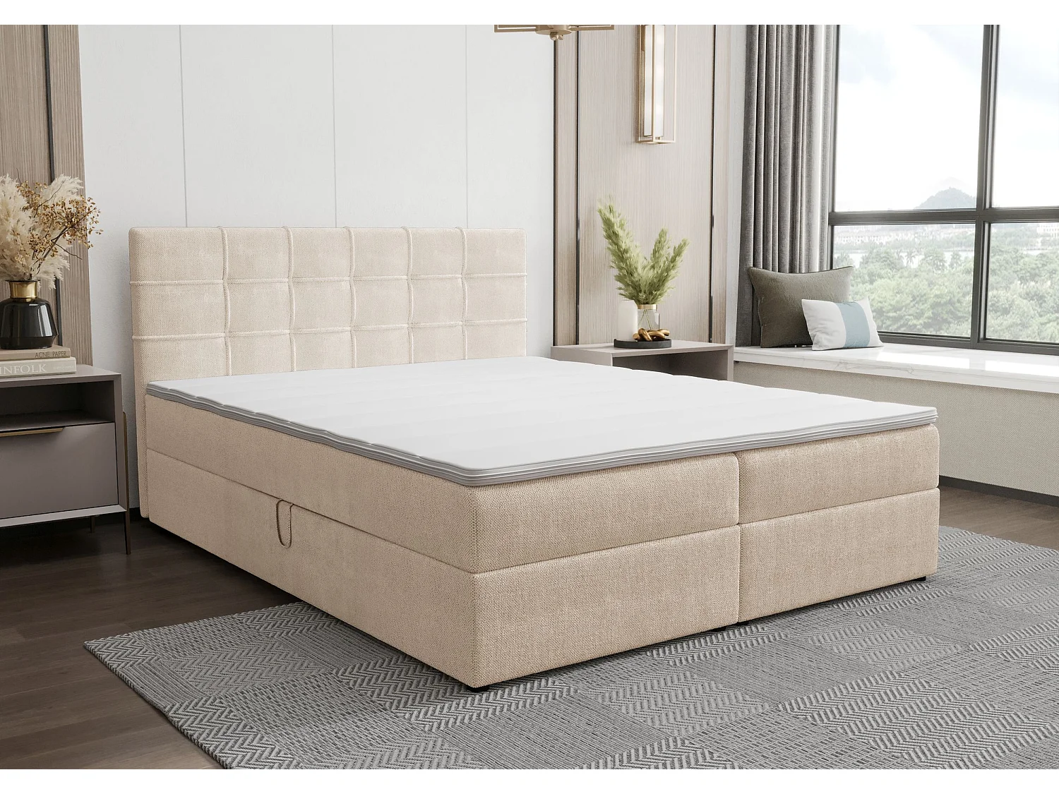 BEDANTE Lit boxspring KIDA 180x200 Curio 09 Écru Lit Litkasten Lit double Lit d'hôtel Chambre à coucher Espace de rangement