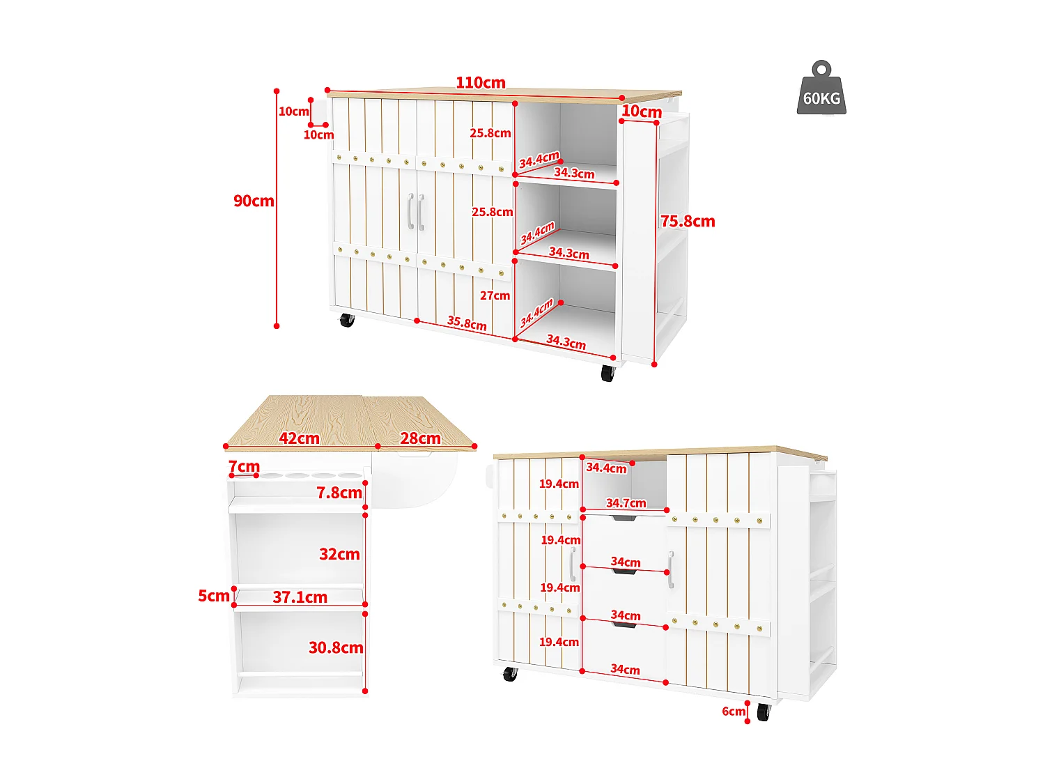 Desserte de cuisine 110x(42-70)x90 cm 2 portes coulissantes et 3 tiroirs Îlot de cuisine avec plateau extensible  - blanc