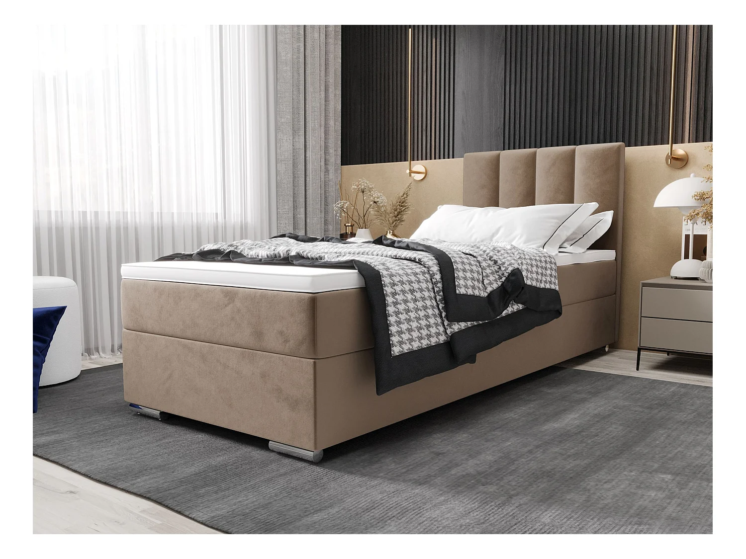 BEDANTE Lit boxspring ZAKO 2 90x200 Itaka 48 Brun clair Lit Ouverture à droite Lit Litkasten