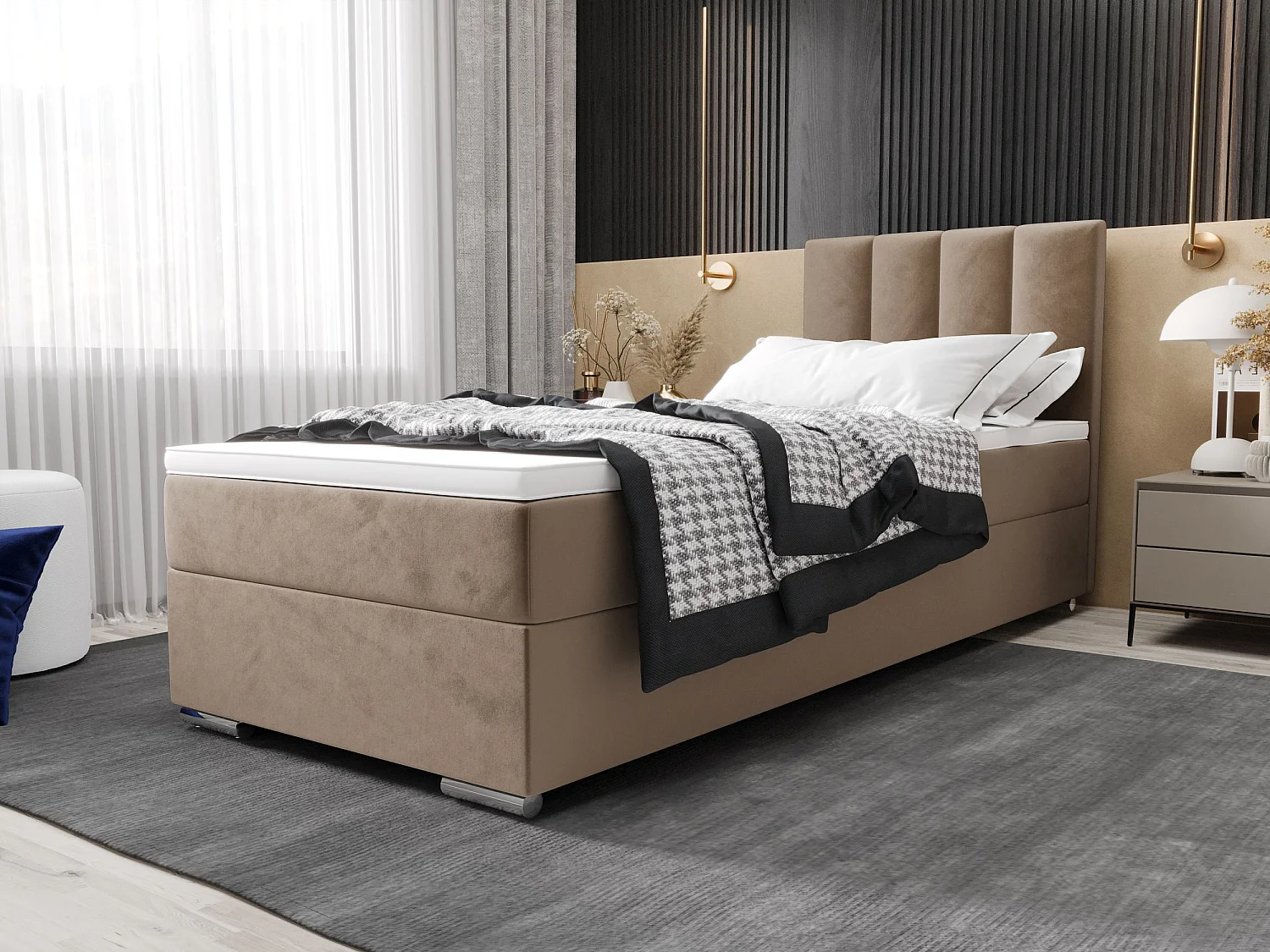 BEDANTE Lit boxspring ZAKO 2 90x200 Itaka 48 Brun clair Lit Ouverture à droite Lit Litkasten