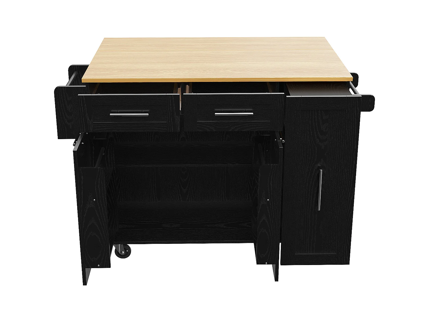 Desserte de cuisine 134.5x(46-74)x90.5 cm 2 portes et 2 tiroirs Îlot de cuisine avec plateau extensible - noir