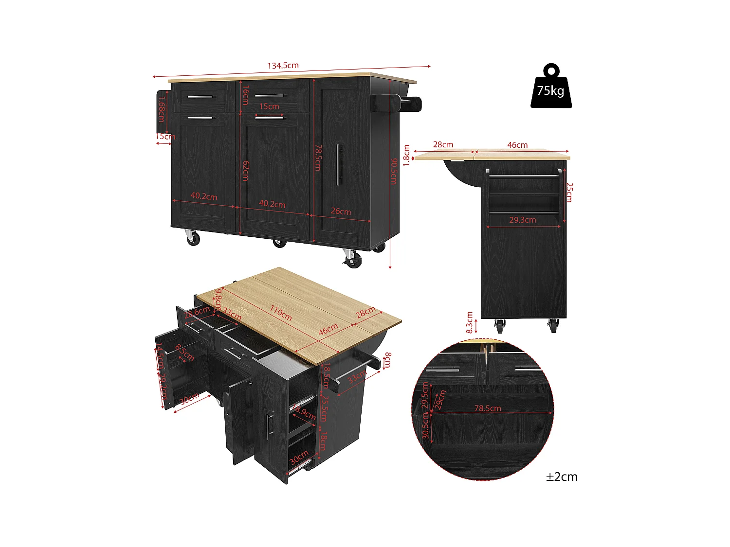 Desserte de cuisine 134.5x(46-74)x90.5 cm 2 portes et 2 tiroirs Îlot de cuisine avec plateau extensible - noir