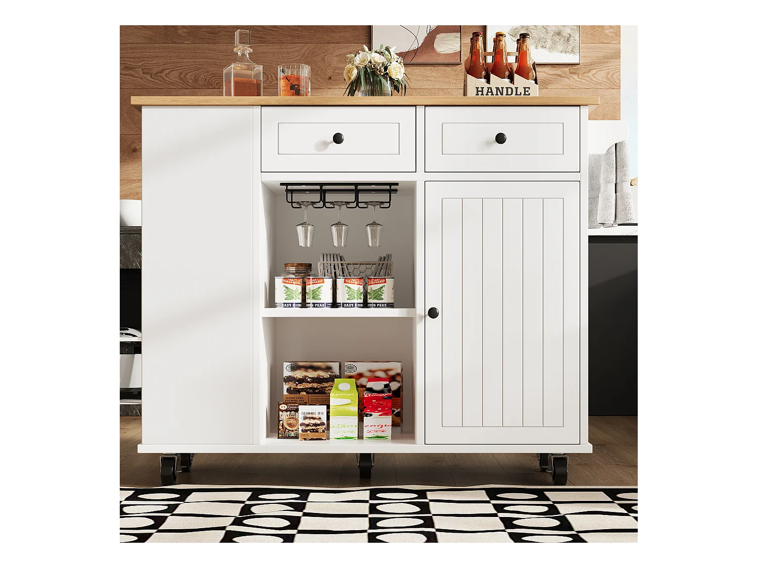 Desserte de cuisine 120x(42-76)x91.5 cm 1 porte et 2 tiroirs Îlot de cuisine avec plateau extensible  - blanc