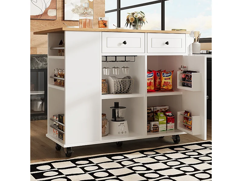 Desserte de cuisine 120x(42-76)x91.5 cm 1 porte et 2 tiroirs Îlot de cuisine avec plateau extensible  - blanc