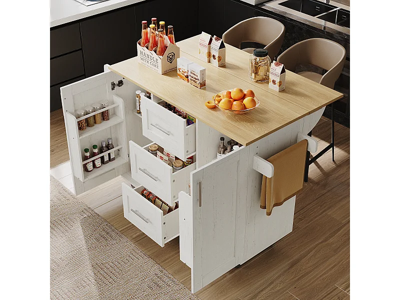 Desserte de cuisine mobile 2 portes et 3 tiroirs Îlot de cuisine avec plateau extensible 135x(46-74)x90.8 cm - blanc