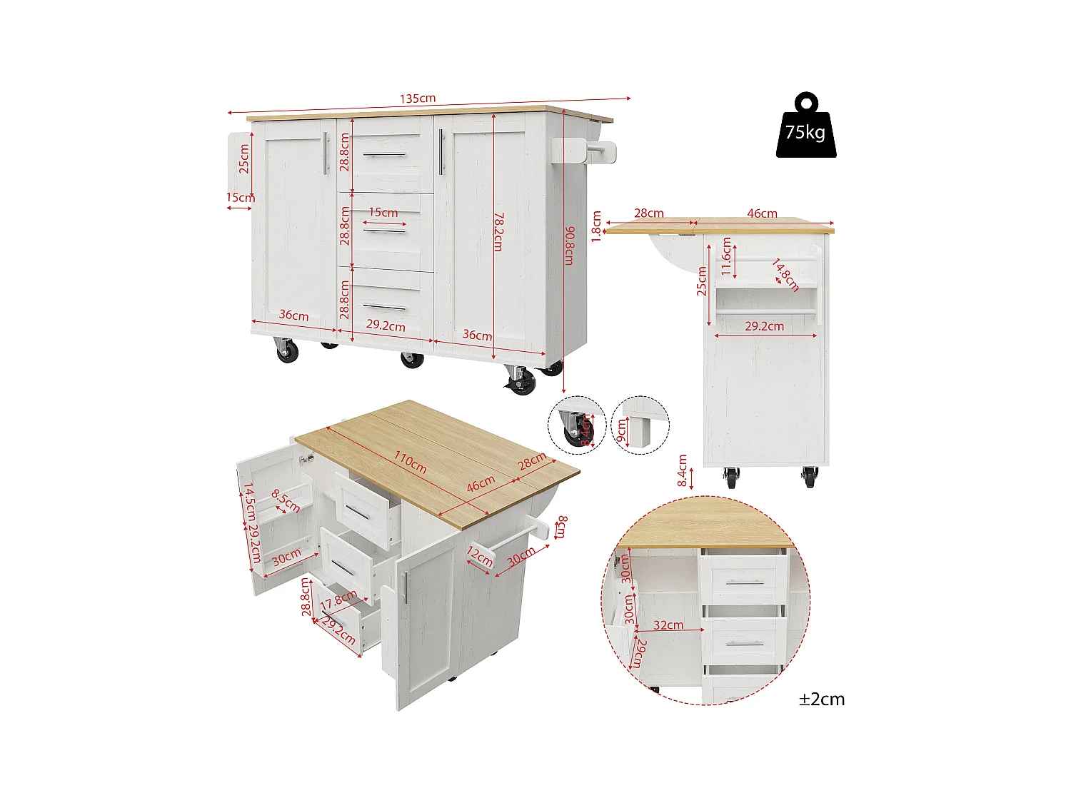 Desserte de cuisine 135x(46-74)x90.8 cm 2 portes et 3 tiroirs Îlot de cuisine avec plateau extensible  - blanc