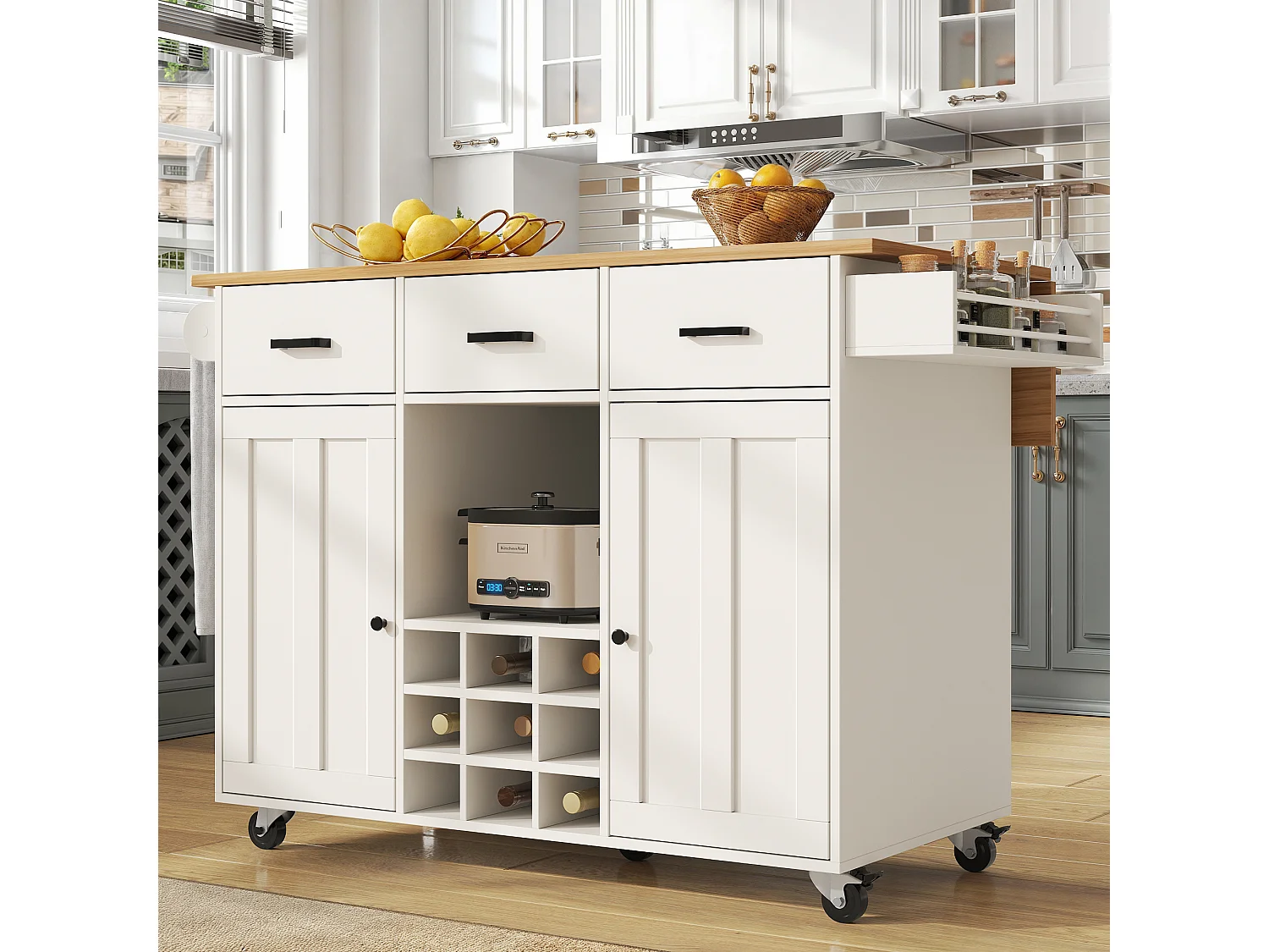 Desserte de cuisine 124x(40-65)x91.5 cm 2 portes et 3 tiroirs Îlot de cuisine avec plateau extensible - blanc
