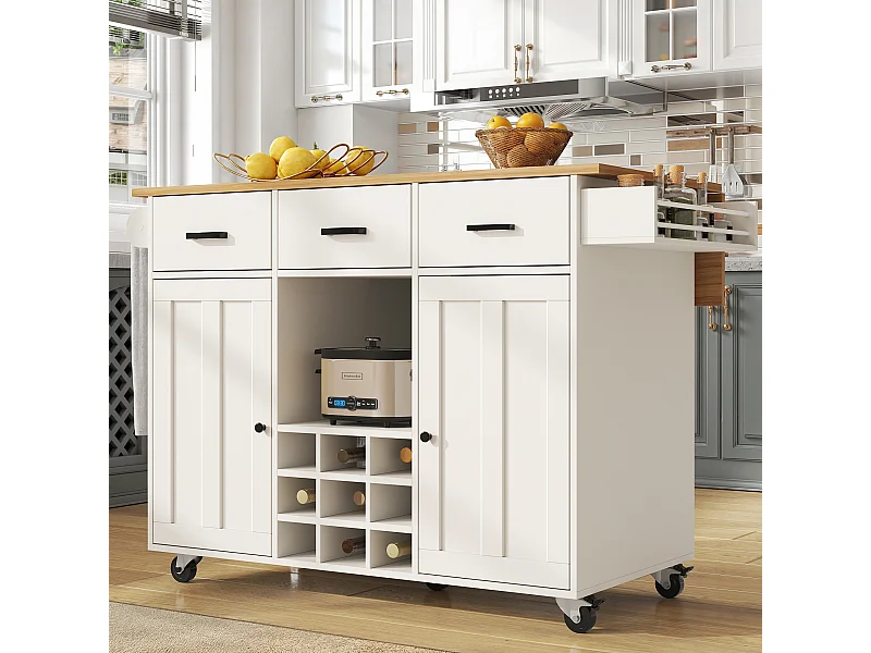 Desserte de cuisine 124x(40-65)x91.5 cm 2 portes et 3 tiroirs Îlot de cuisine avec plateau extensible - blanc