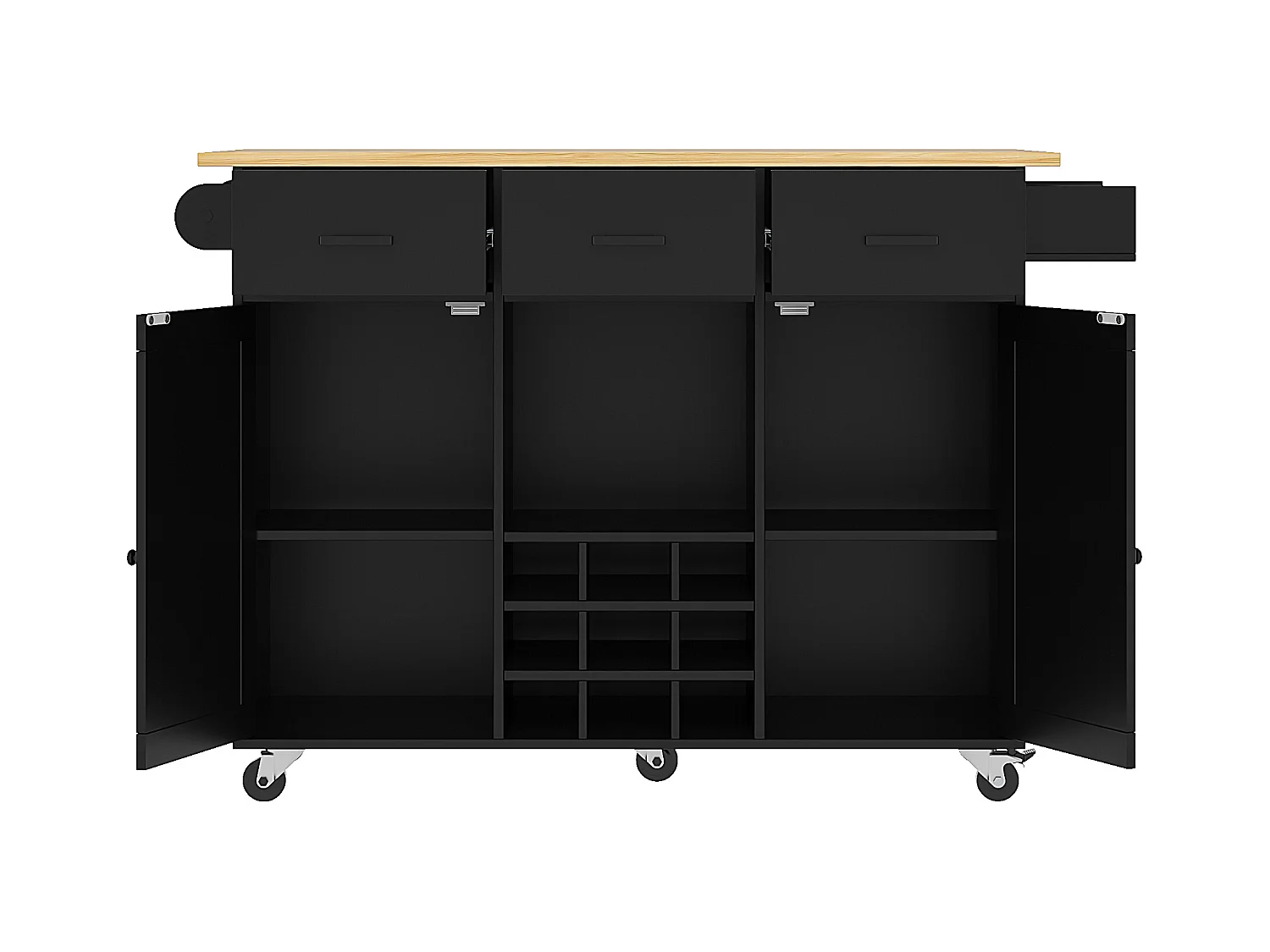 Mobiele keukentrolley 2 deuren en 3 laden Keukeneiland met uitschuifbaar blad 124x(40-65)x91,5 cm - zwart