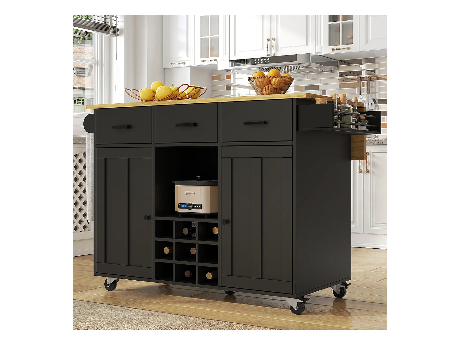 Desserte de cuisine mobile 2 portes et 3 tiroirs Îlot de cuisine avec plateau extensible 124x(40-65)x91.5 cm - noir