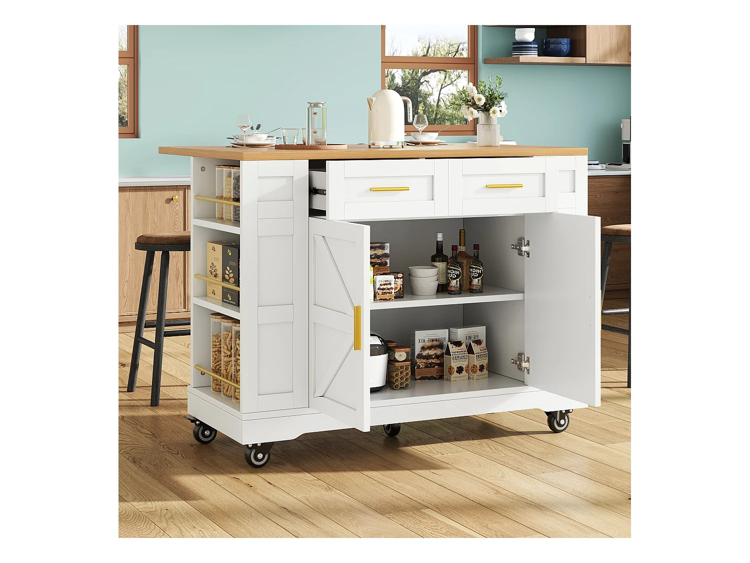 Desserte de cuisine 120x(40-65)x90 cm 2 portes et 2 tiroirs Îlot de cuisine avec plateau extensible - blanc