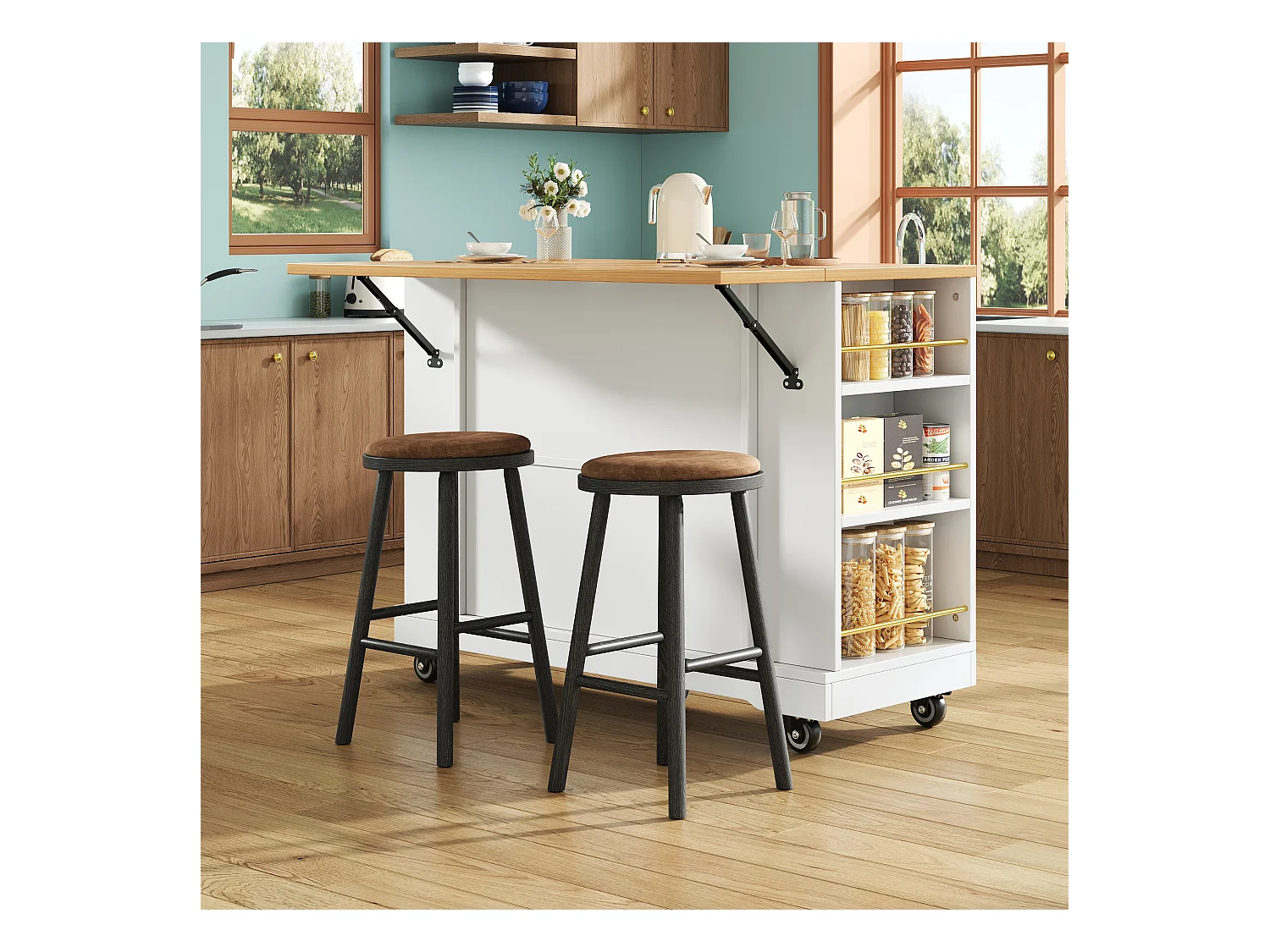 Desserte de cuisine 120x(40-65)x90 cm 2 portes et 2 tiroirs Îlot de cuisine avec plateau extensible - blanc