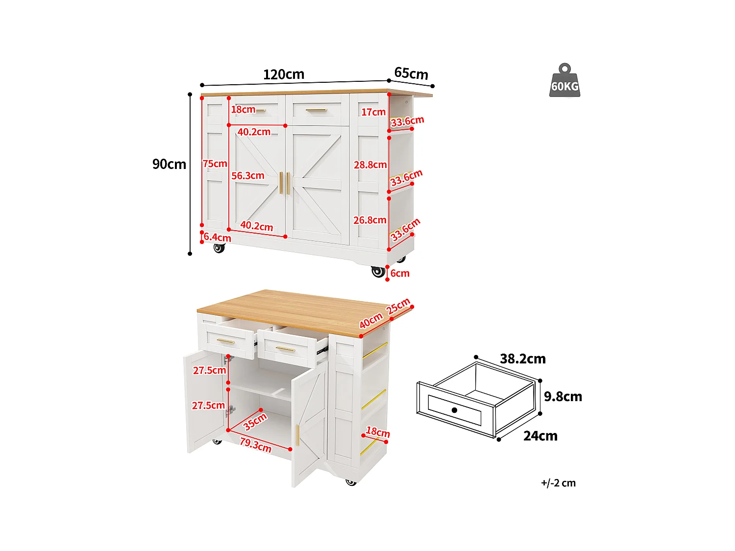 Desserte de cuisine 120x(40-65)x90 cm 2 portes et 2 tiroirs Îlot de cuisine avec plateau extensible - blanc