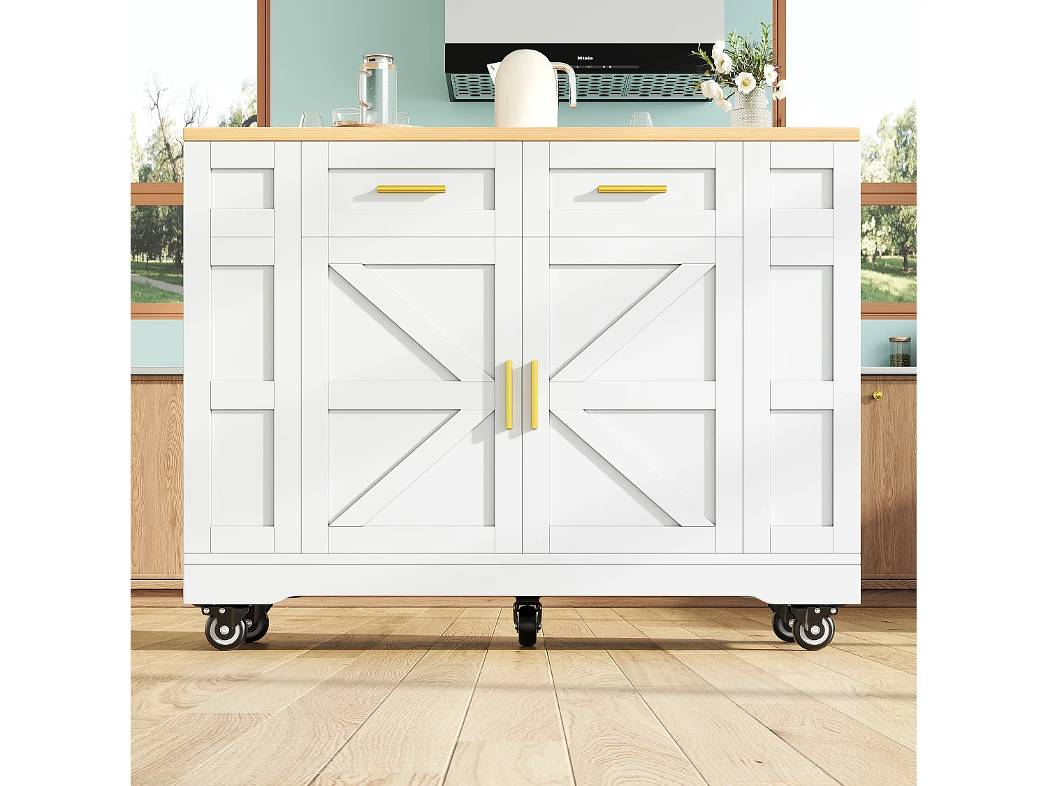 Desserte de cuisine 120x(40-65)x90 cm 2 portes et 2 tiroirs Îlot de cuisine avec plateau extensible - blanc