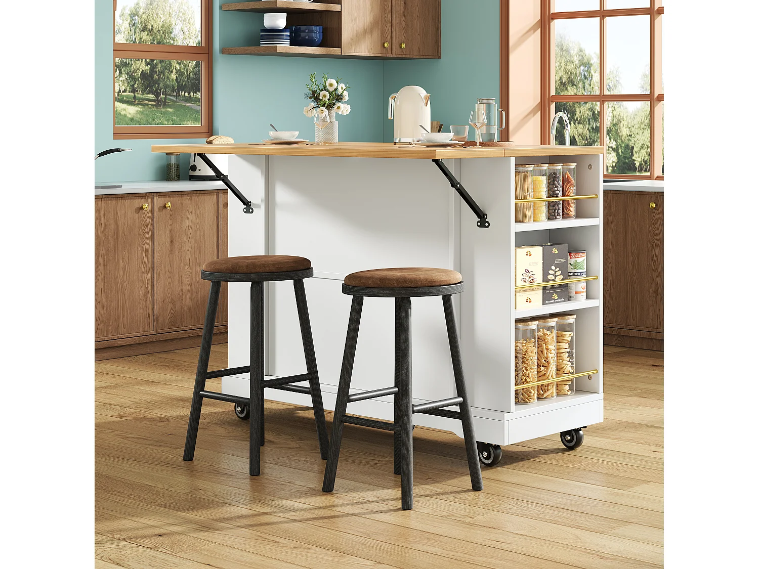 Desserte de cuisine 120x(40-65)x90 cm 2 portes et 2 tiroirs Îlot de cuisine avec plateau extensible - blanc