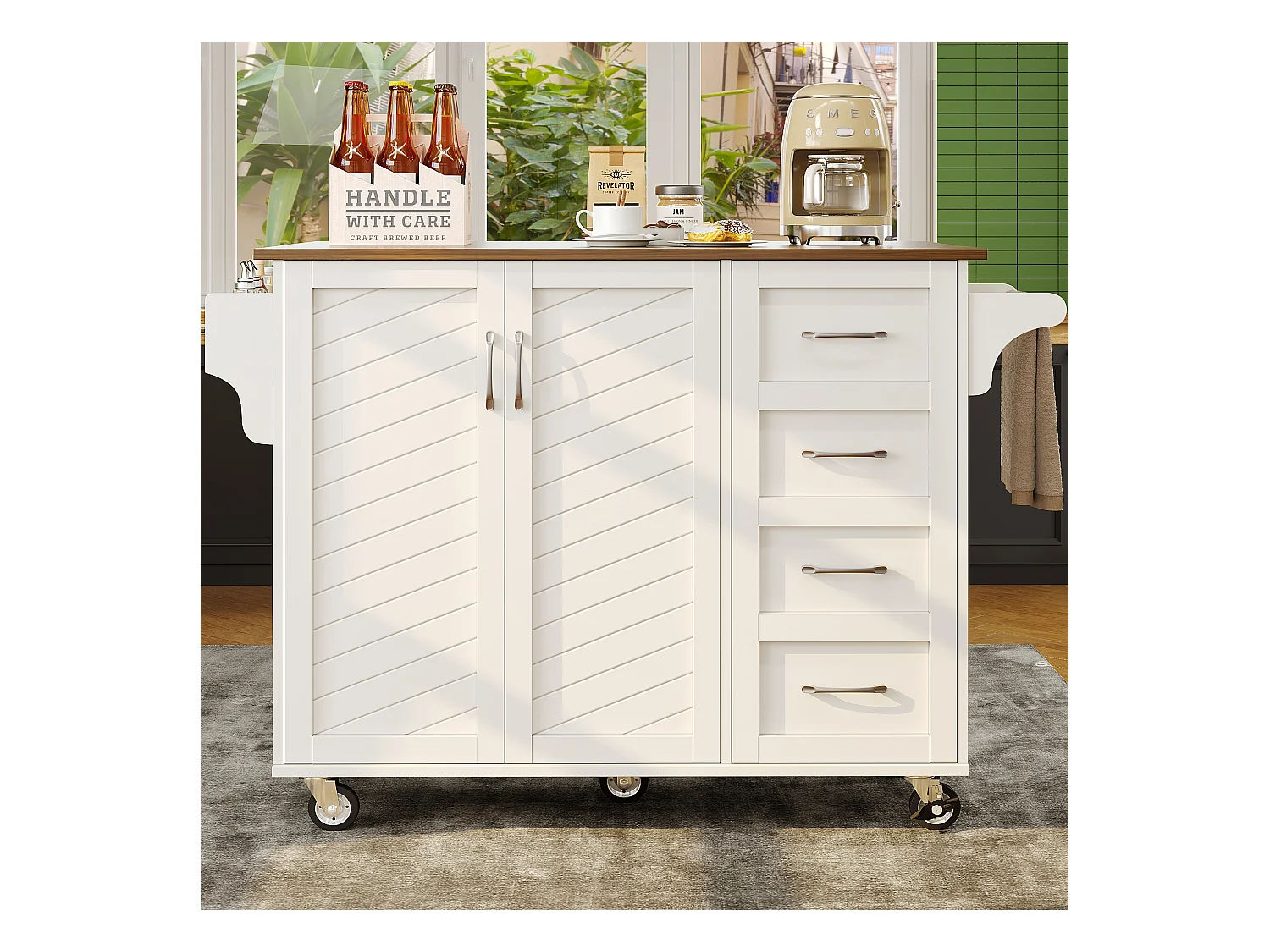 Desserte de cuisine 128x(46-71)x93 cm 2 portes et 2 tiroirs Îlot de cuisine avec plateau extensible - blanc