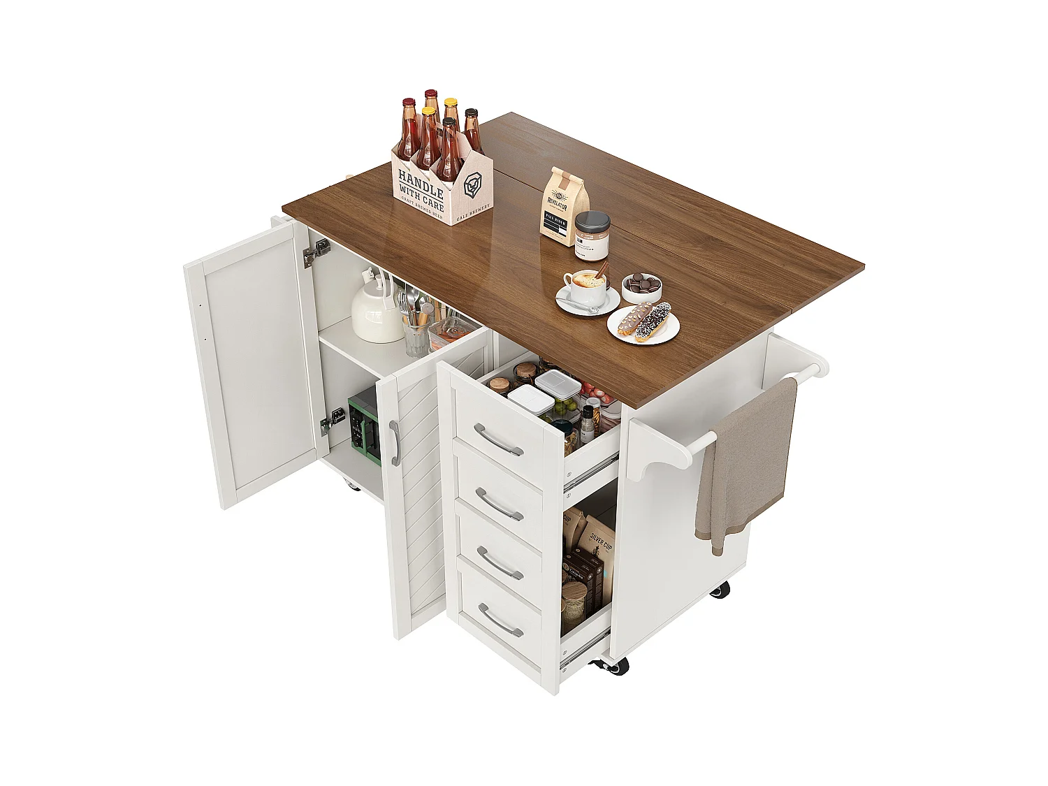 Desserte de cuisine 128x(46-71)x93 cm 2 portes et 2 tiroirs Îlot de cuisine avec plateau extensible - blanc