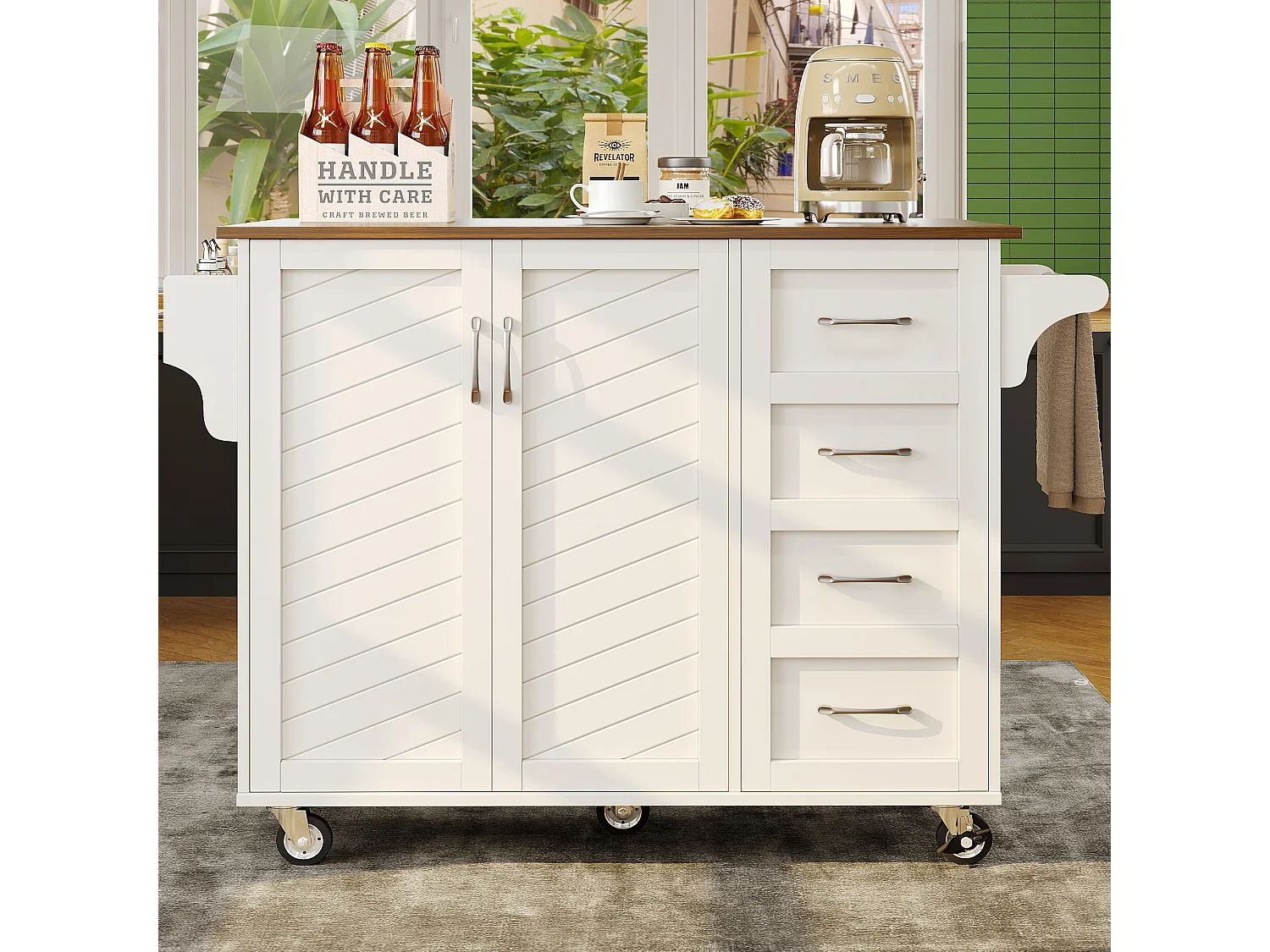 Mobiele keukentrolley 2 deuren en 2 laden Keukeneiland met uitschuifbaar blad 128x(46-71)x93 cm - wit