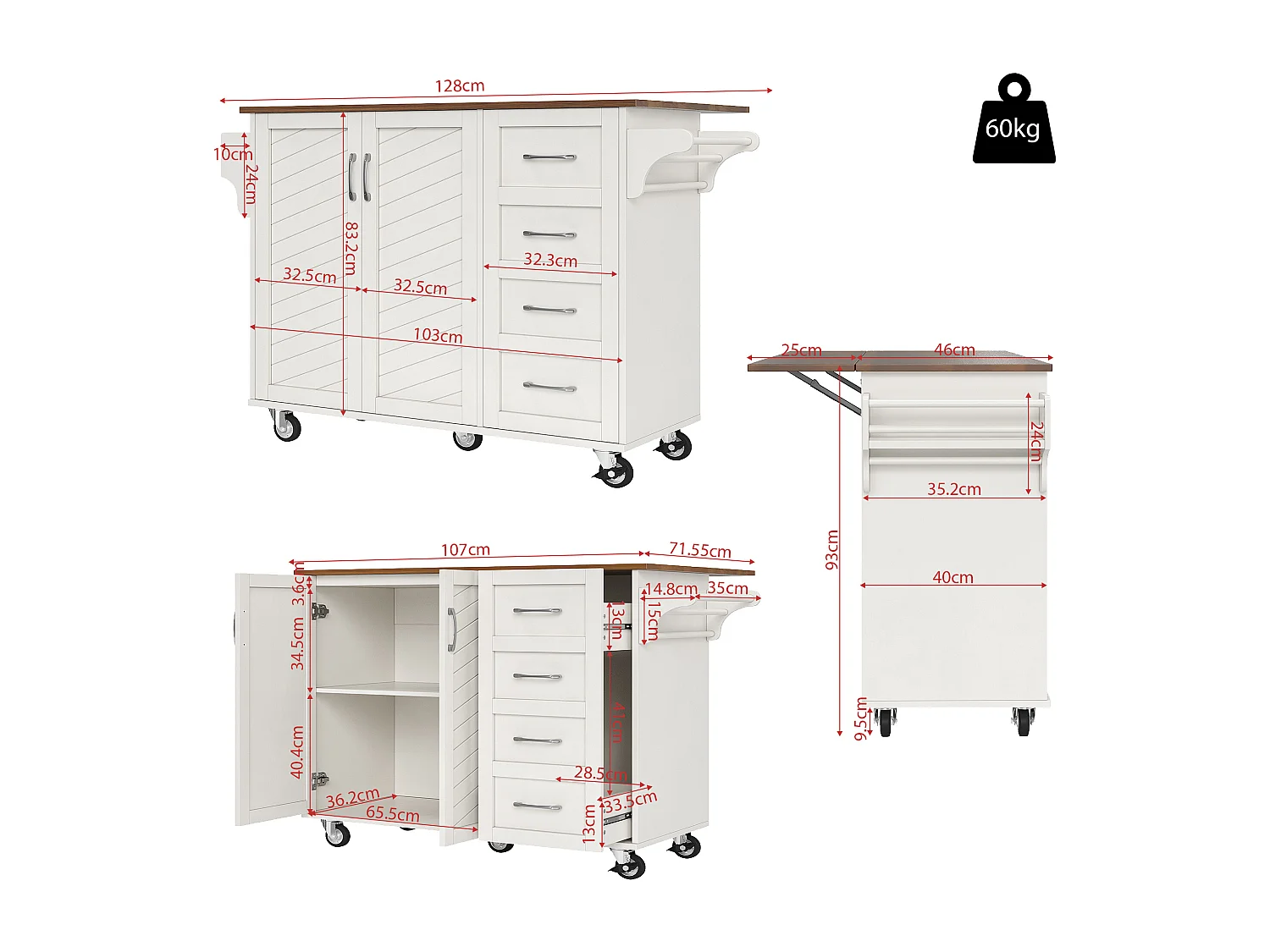 Mobiele keukentrolley 2 deuren en 2 laden Keukeneiland met uitschuifbaar blad 128x(46-71)x93 cm - wit