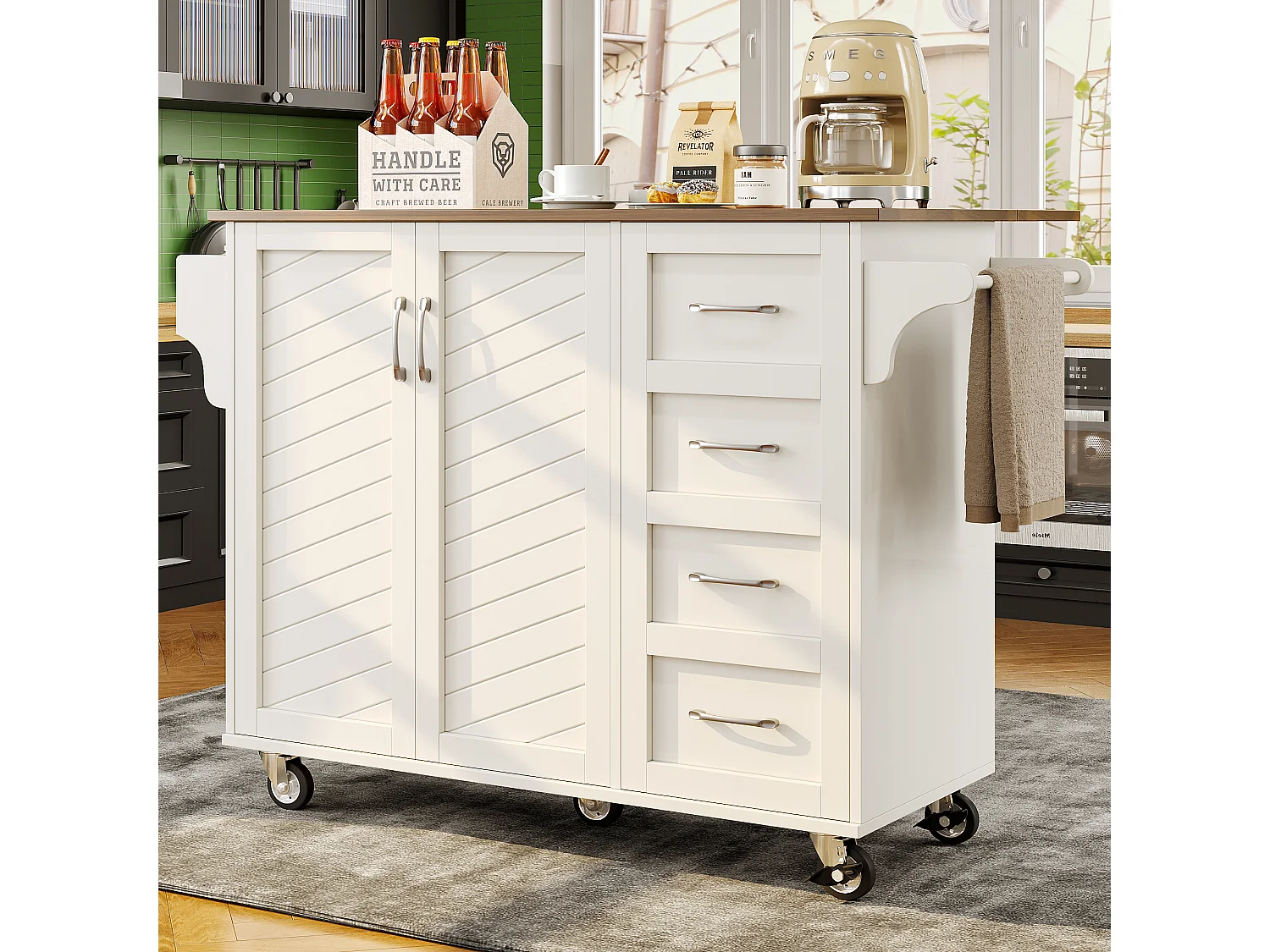 Mobiele keukentrolley 2 deuren en 2 laden Keukeneiland met uitschuifbaar blad 128x(46-71)x93 cm - wit