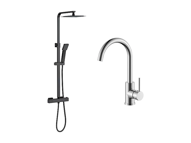 AICA columna de ducha termostático en negro mate y grifo de cocina cromo con control de temperatura