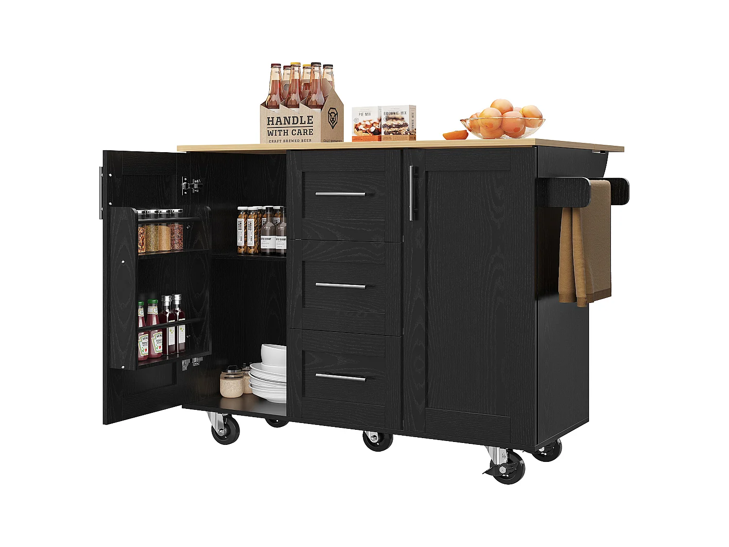 Desserte de cuisine mobile 2 portes et 3 tiroirs Îlot de cuisine avec plateau extensible 135x(46-74)x90.8 cm - noir