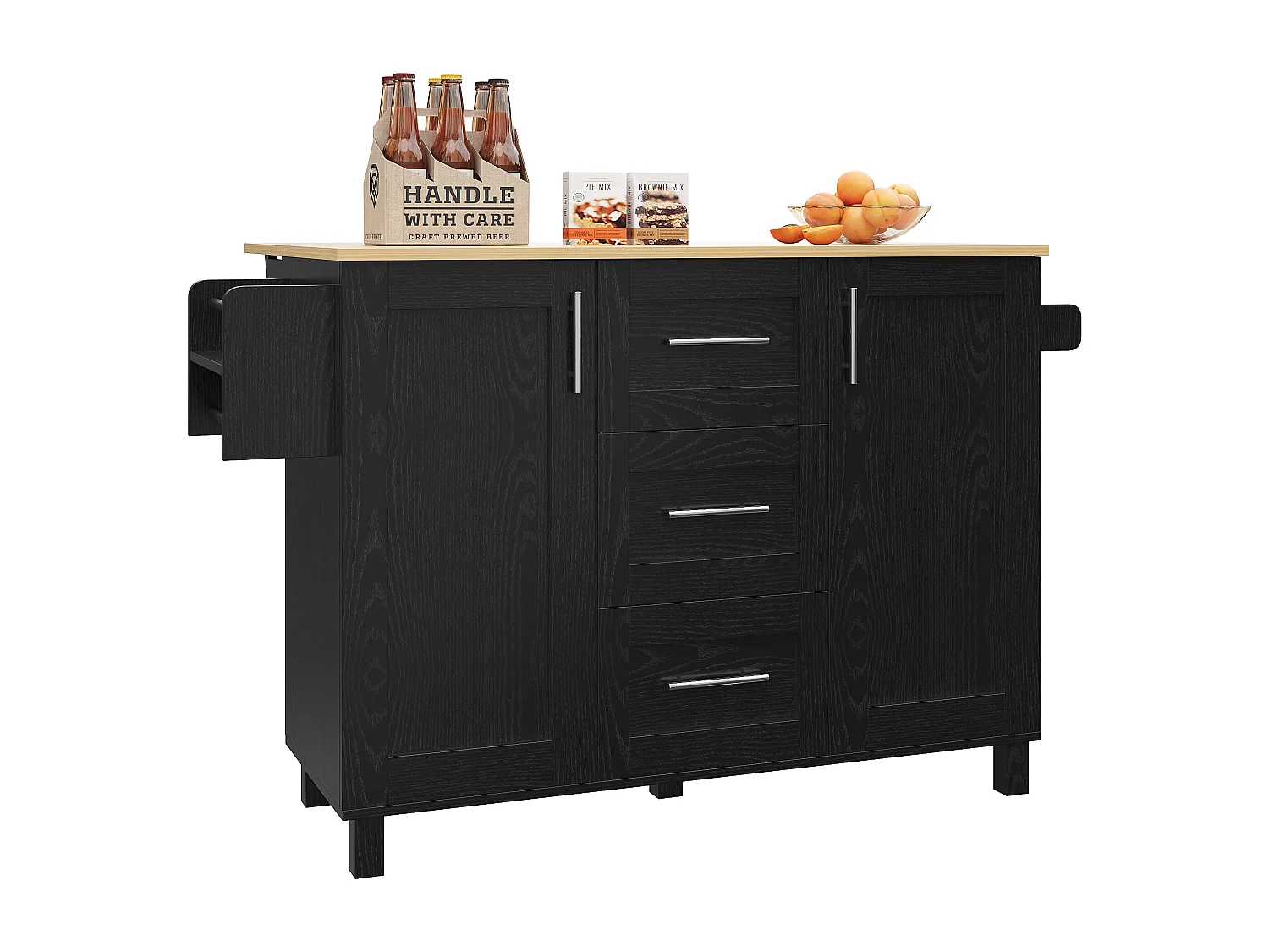 Desserte de cuisine 135x(46-74)x90.8 cm 2 portes et 3 tiroirs Îlot de cuisine avec plateau extensible - noir