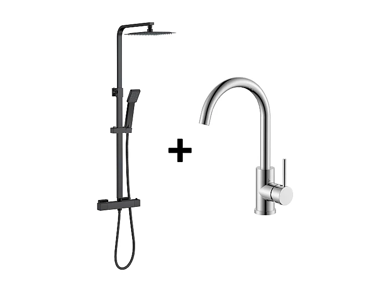 AICA columna de ducha termostático en negro mate y grifo de cocina con control de temperatura